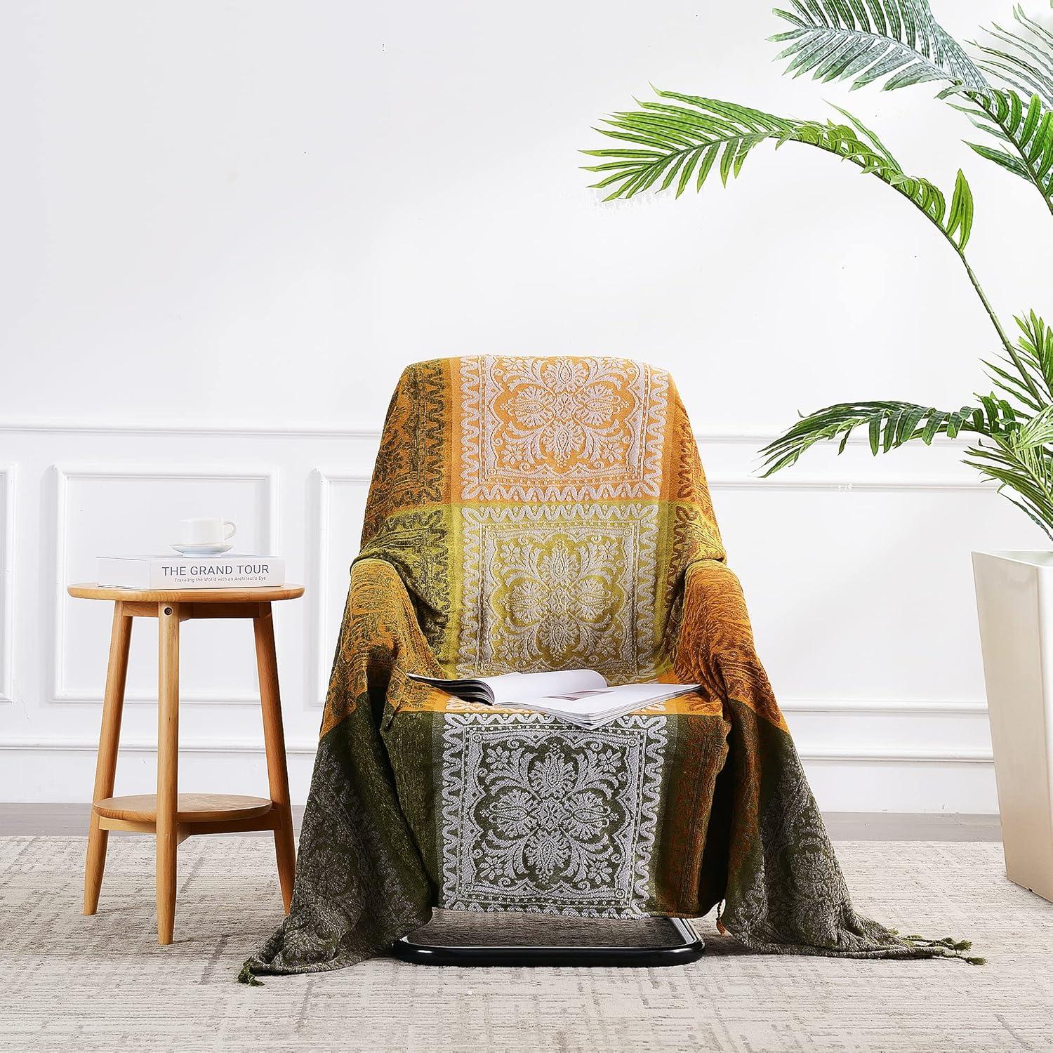 Manta Bohemia, Borlas Bohemias para Cama, Sofá, Silla Suave, Borlas con Flecos de Chenilla (Verde, Grande 86 X 102 Pulgadas)