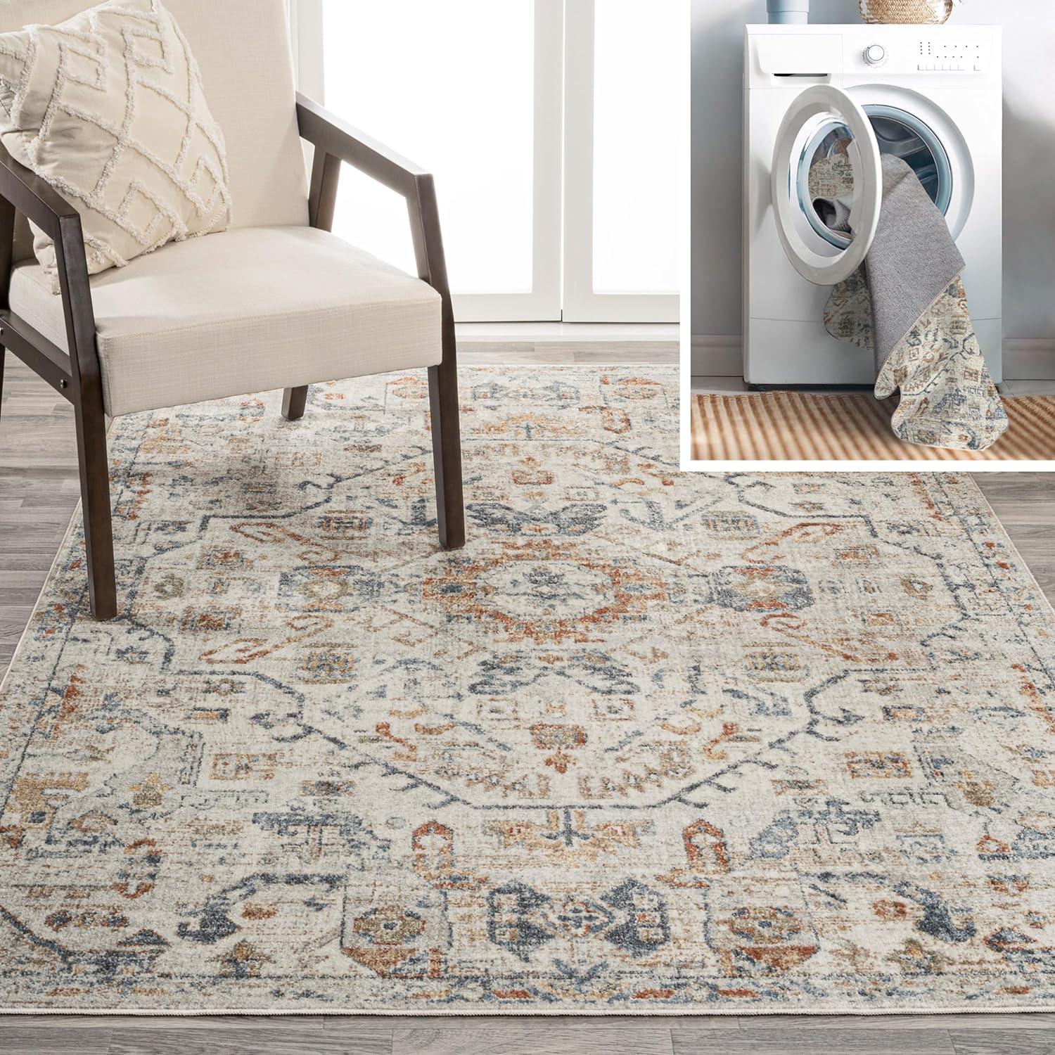 Cream and Terra Synthetic Medallion Washable Area Rug