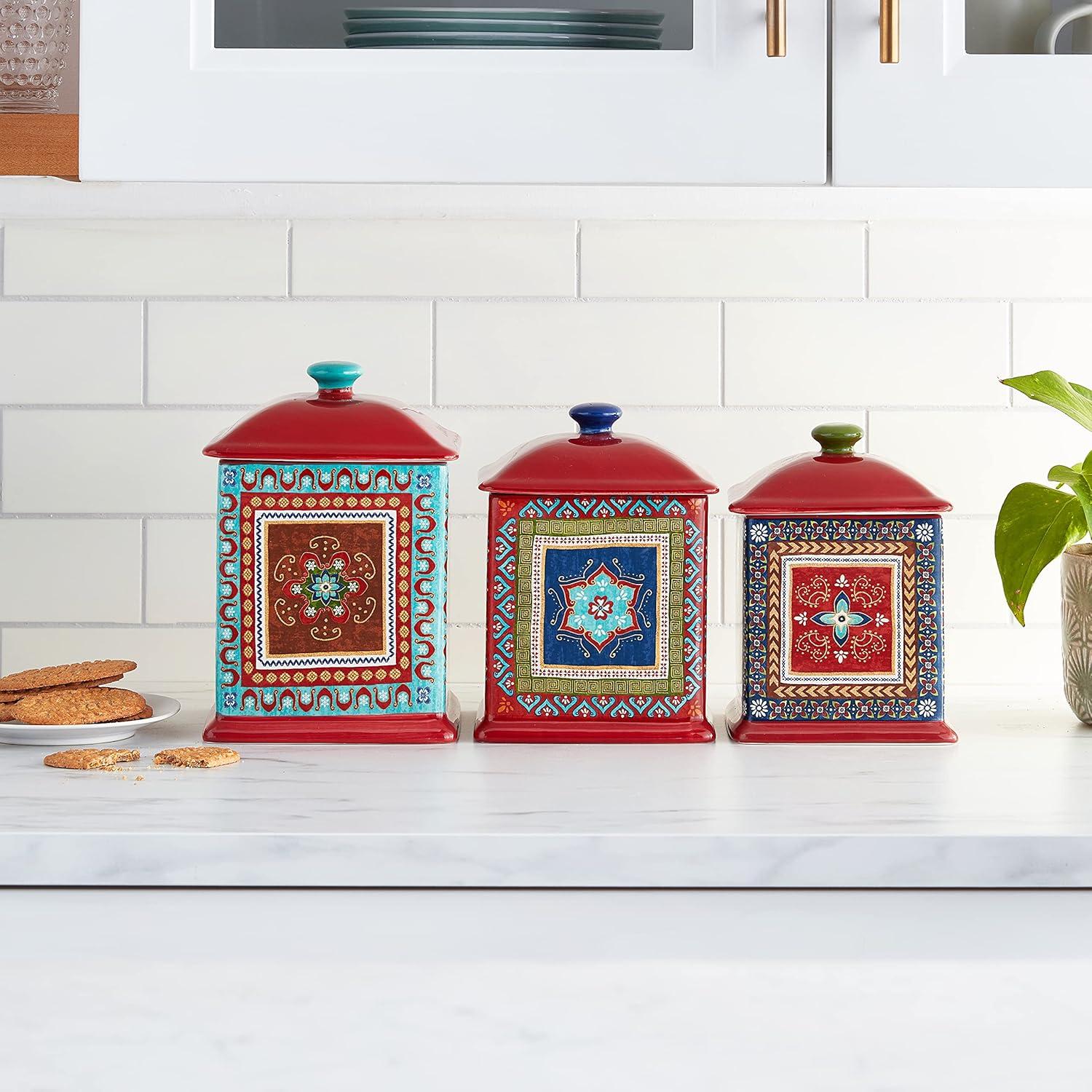 Red Ceramic Medallion Canister Set, 3-Piece