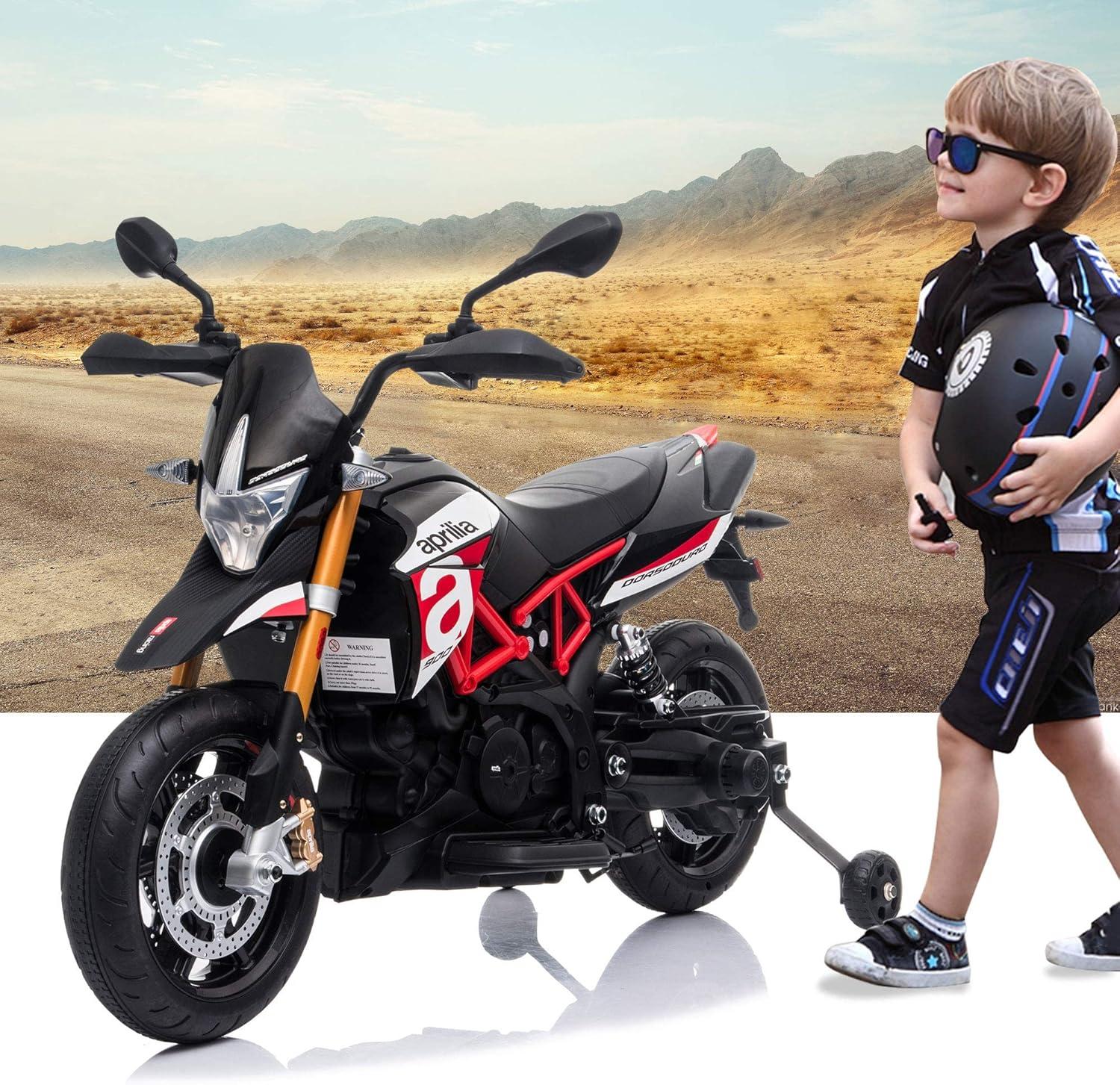 TOBBI Aprilia Licensed 12V Ride on Motorcycle Electric Motorbike for Kids Child Toys W/Training Wheels, Music, LED Lights, MP3, USB