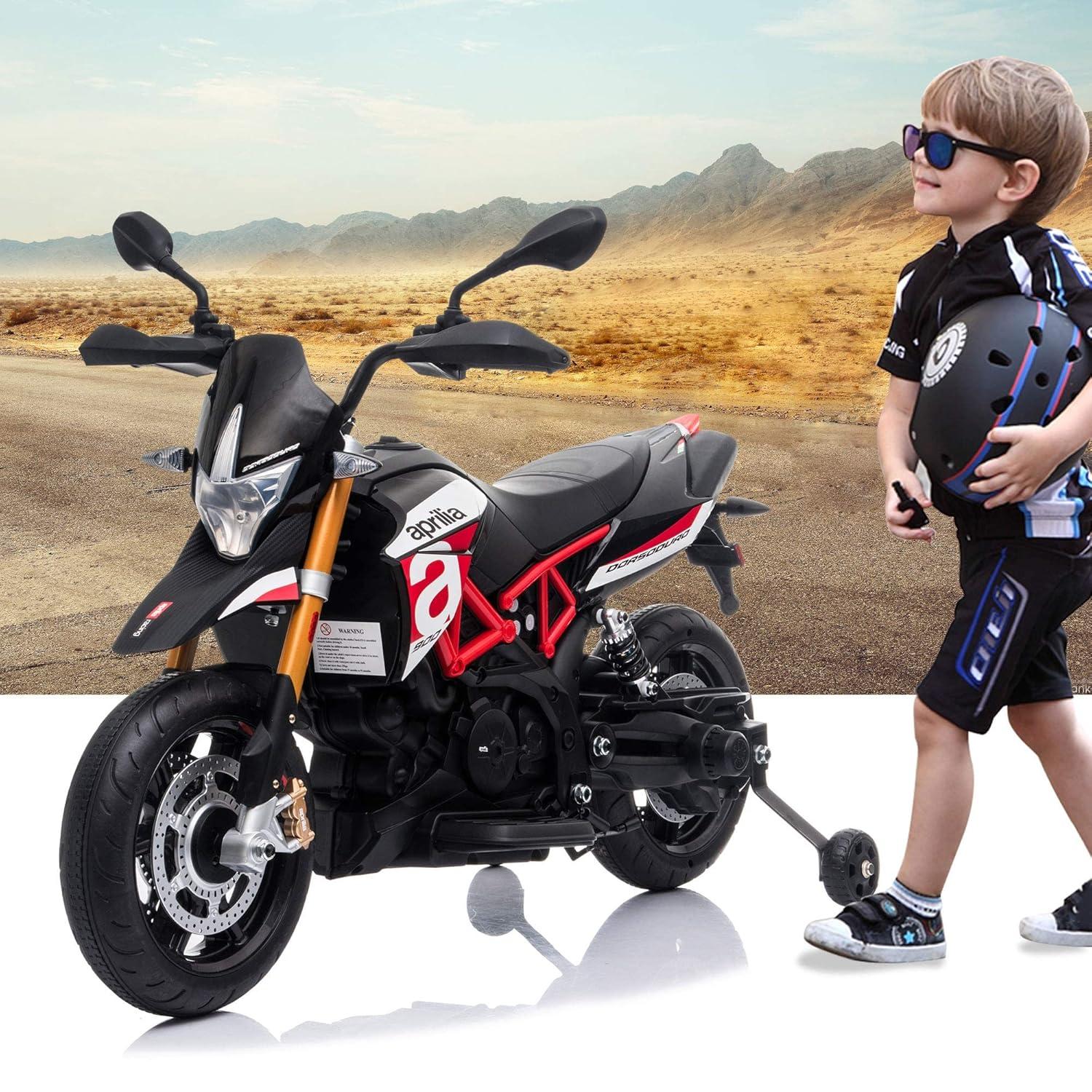 12V Ride On Toy With Training Wheels Battery Powered Dirt Bike Electric Motorcycle With LED Lights Sounds Music MP3 For Boys Girls Gifts