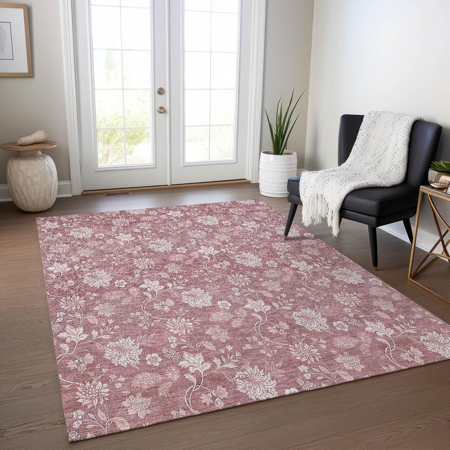 Blush Floral Synthetic 5' x 7' Washable Area Rug