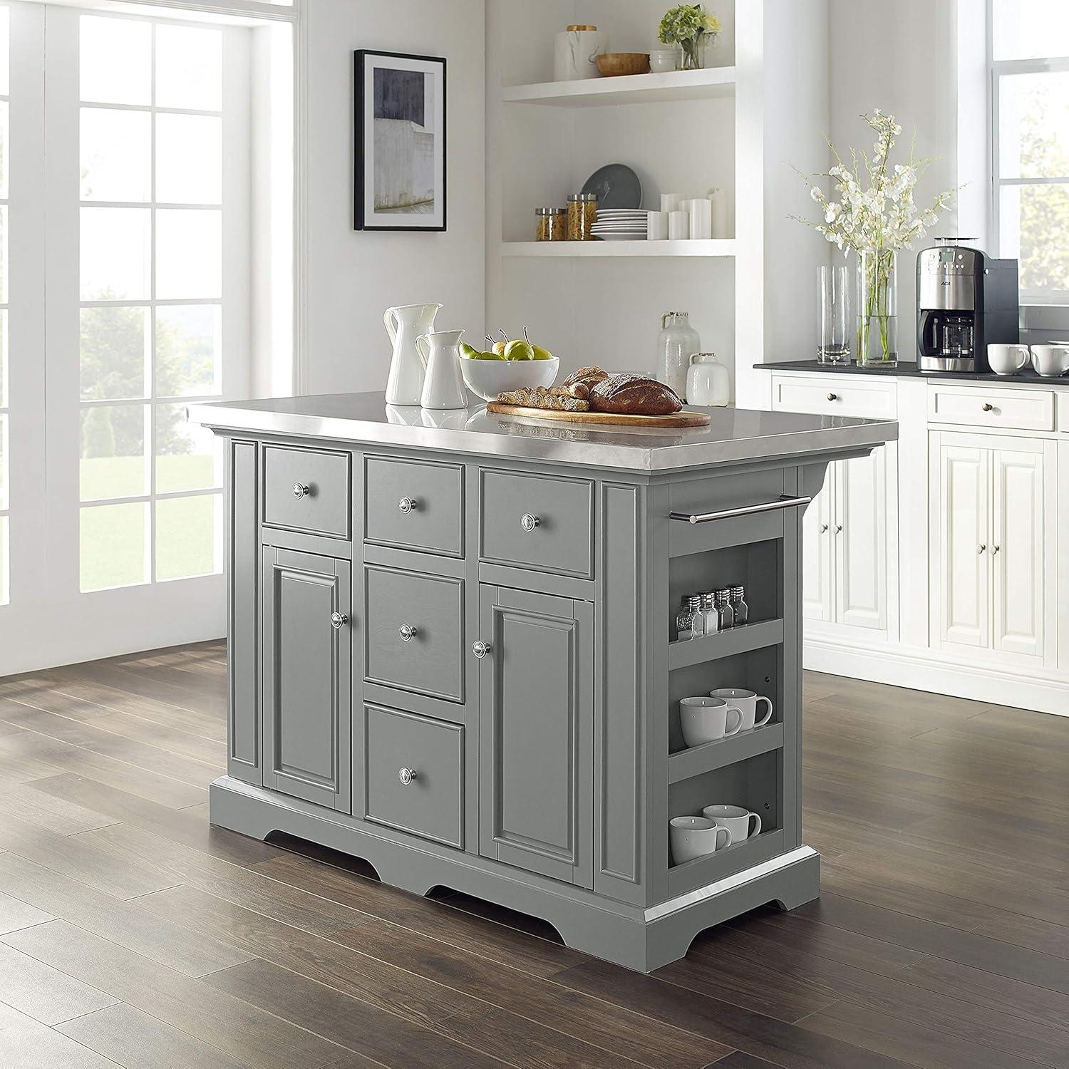Julia Stainless Steel Top Kitchen Island Gray - Crosley: Towel Bar, Spice Rack, 5 Drawers, 2 Cabinets