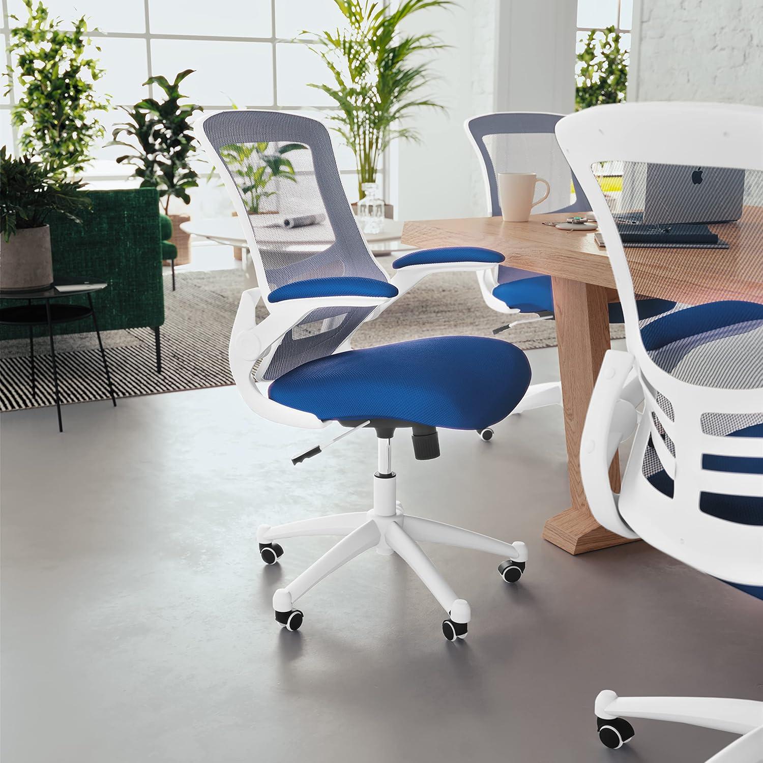 Flash Furniture Kelista Mid-Back Blue Mesh Swivel Ergonomic Task Office Chair with White Frame and Flip-Up Arms