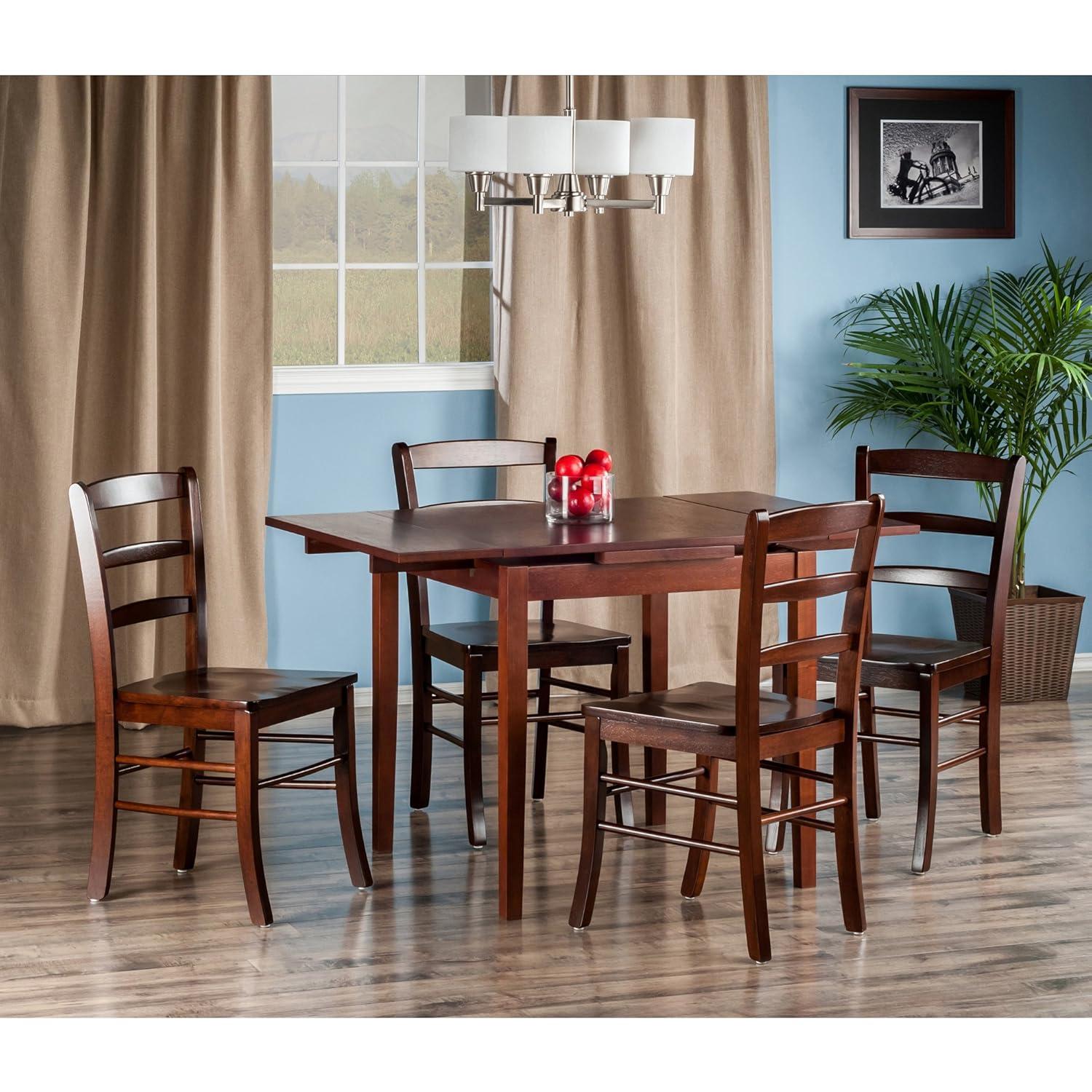5pc Pulman Dining Set with Ladder Back Chairs Wood/Walnut - Winsome: Mid-Century Modern, Square Table, 4 Stools