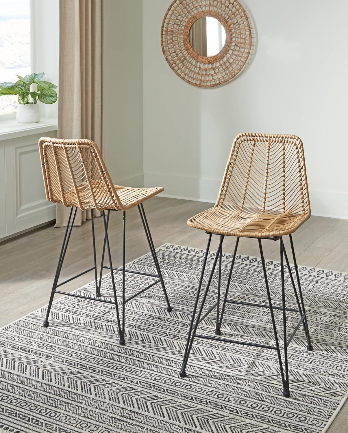 Natural and Black Wicker Counter Height Bar Stools, Set of 2