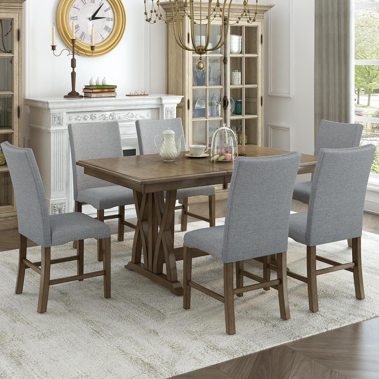 Mid-Century Gray Upholstered 7-Piece Extendable Dining Set