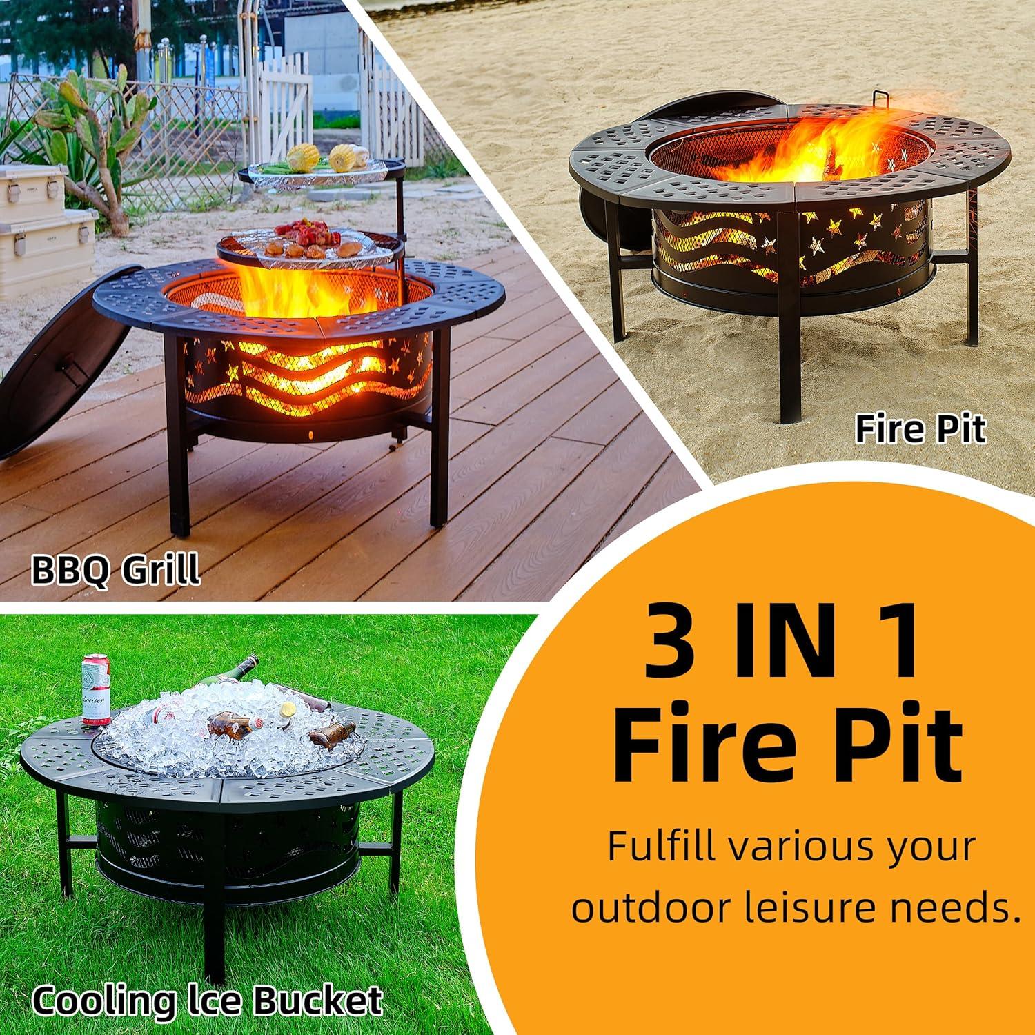 42" Outdoor Fire Pit with 2 Grills - Wood Burning Firepit for Outside with Cover & Poker