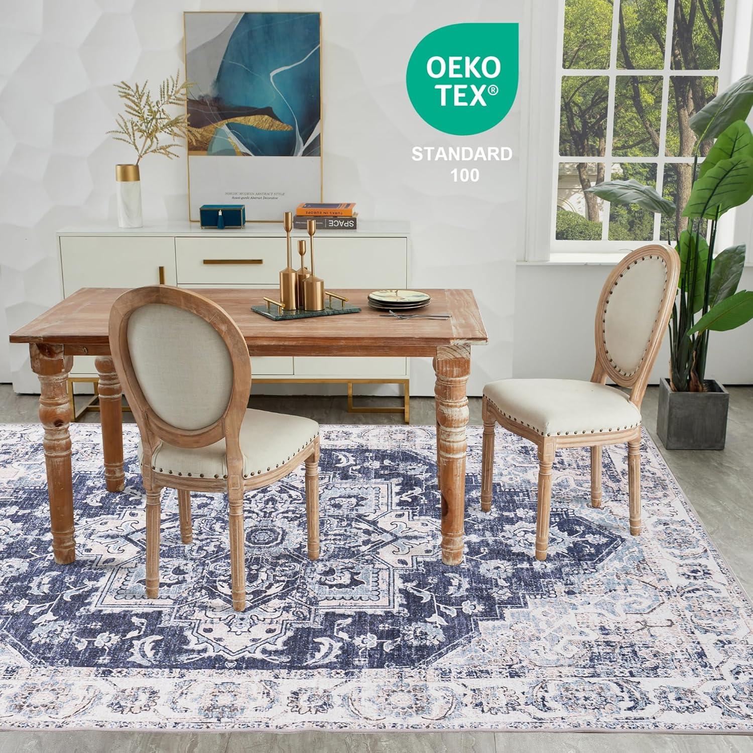 Washable Area Rug 5x7, Blue Rug for Living Room, Non Slip Low Pile Carpet for Bedroom, Dinning Room (Vintage Blue, 5'x7')