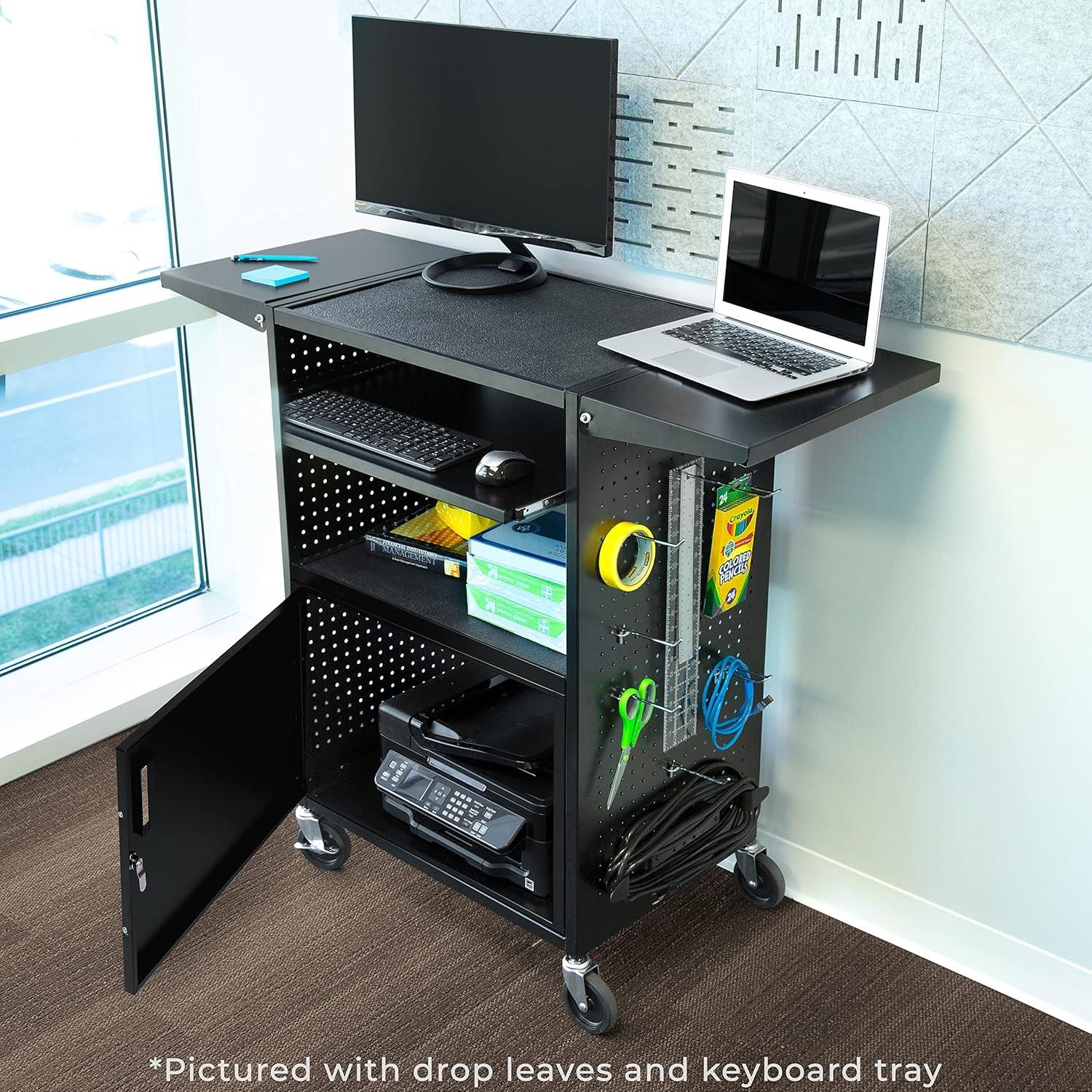 Line Leader Stellar AV Cart / Carro para Computadora con Guarnición de Tablero Perforado y 12 Ganchos para Almacenamiento/armario de Bloqueo Personalizable y Bandeja para Teclado Extraíble / Tomas de Corriente Certificadas de Seguridad UL / Ruedas de Bloqueo