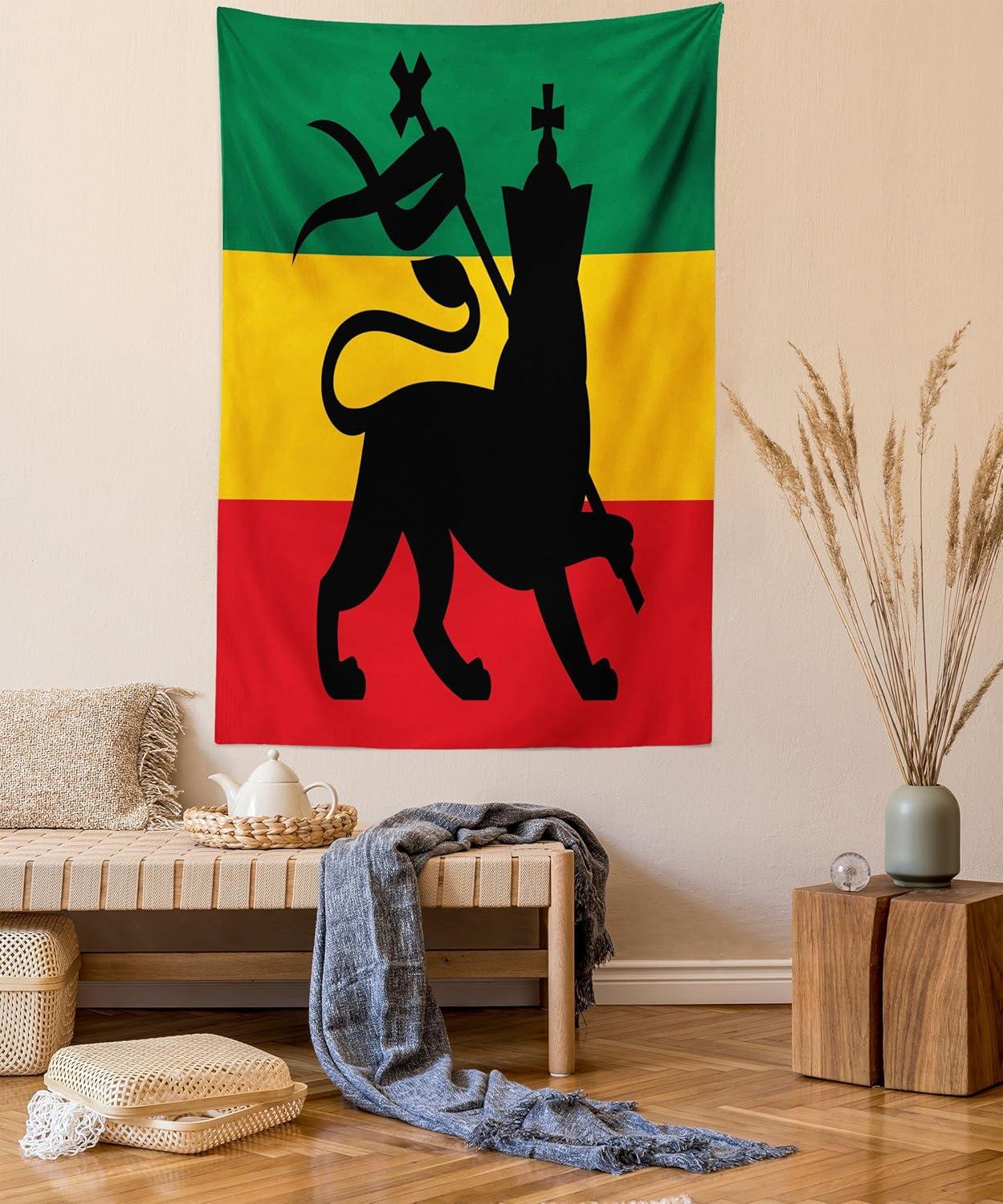 Rasta Tapestry, Rastafarian Flag with Judah Lion Reggae Music Inspired Design Image, Wall Hanging for Bedroom Living Room Dorm Decor, 60W X 80L Inches, Black Red Green and Yellow, by Ambesonne