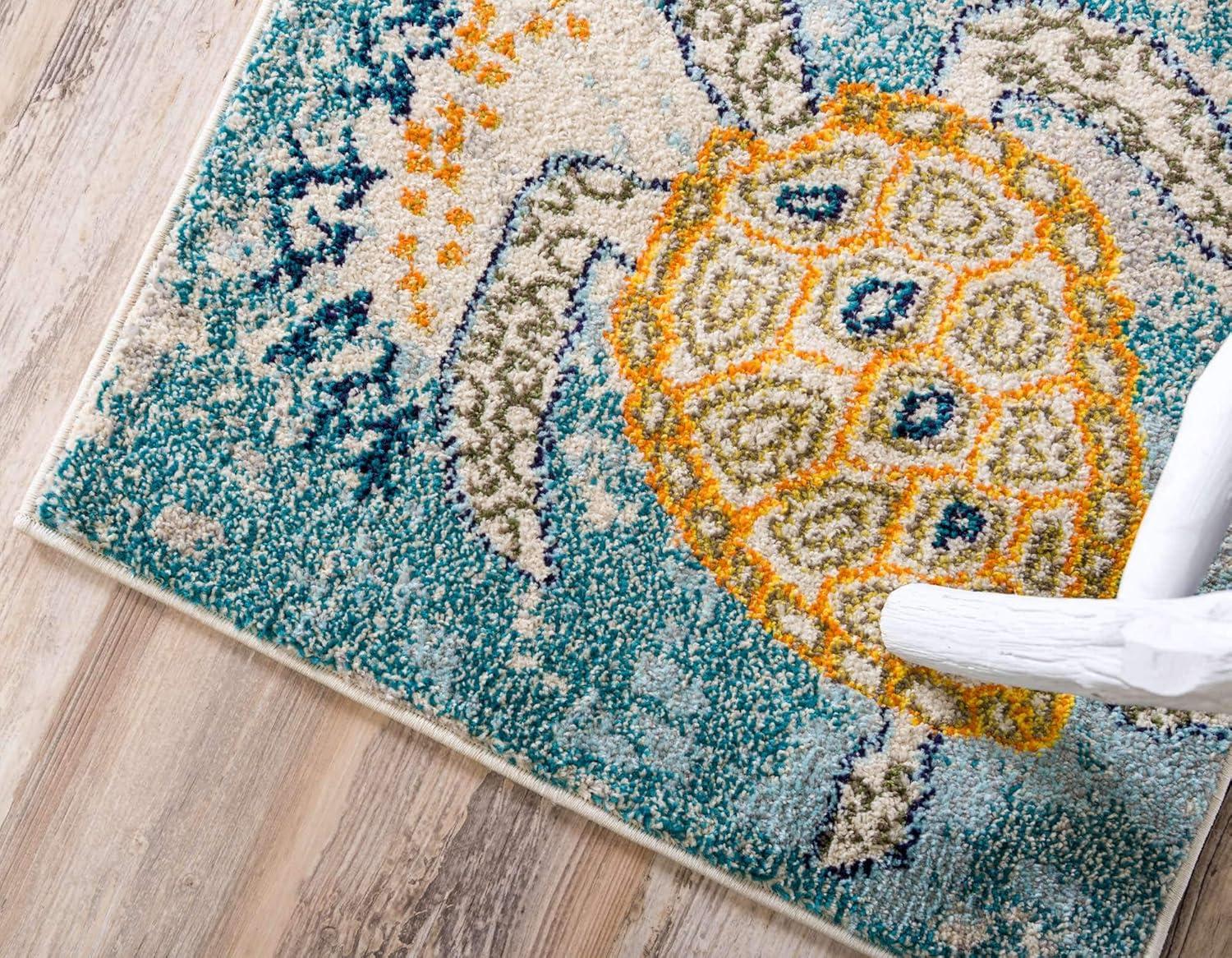 Positano Beige and Blue Synthetic Runner Rug