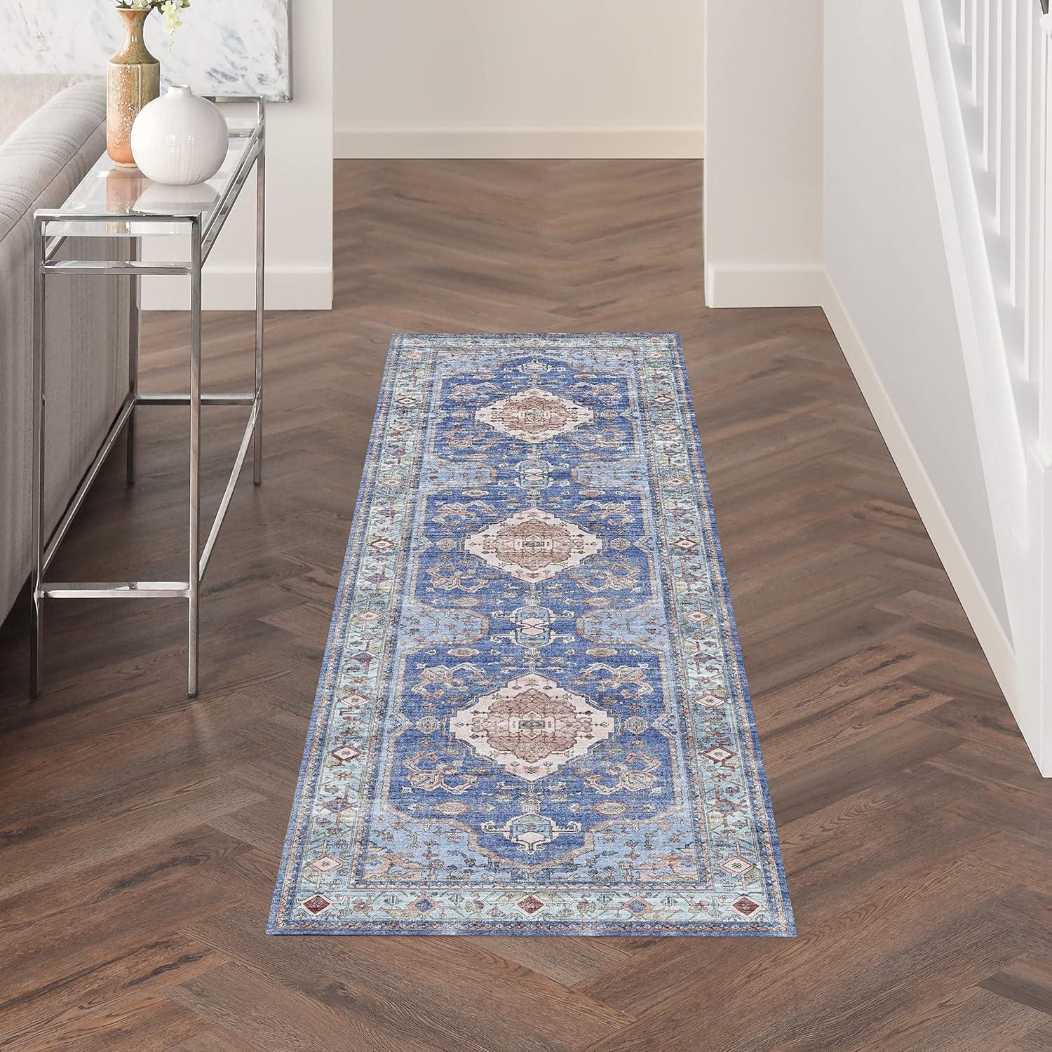 Nourison Fulton Bordered Medallion Non-Slip Flatwoven Indoor Rug Blue 2'3" x 7'6"