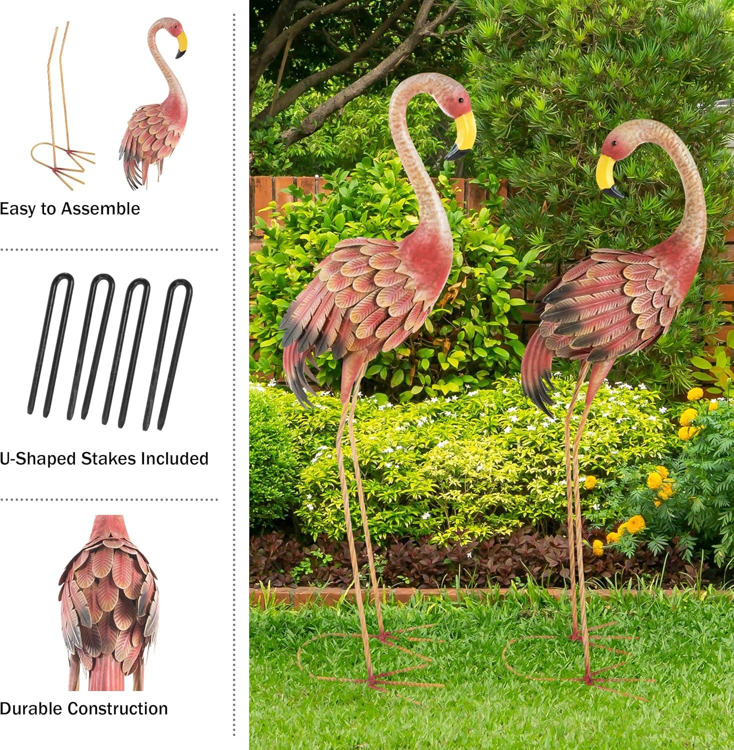 31 in. Hand-Painted Pink Metal Flamingo Garden Statues