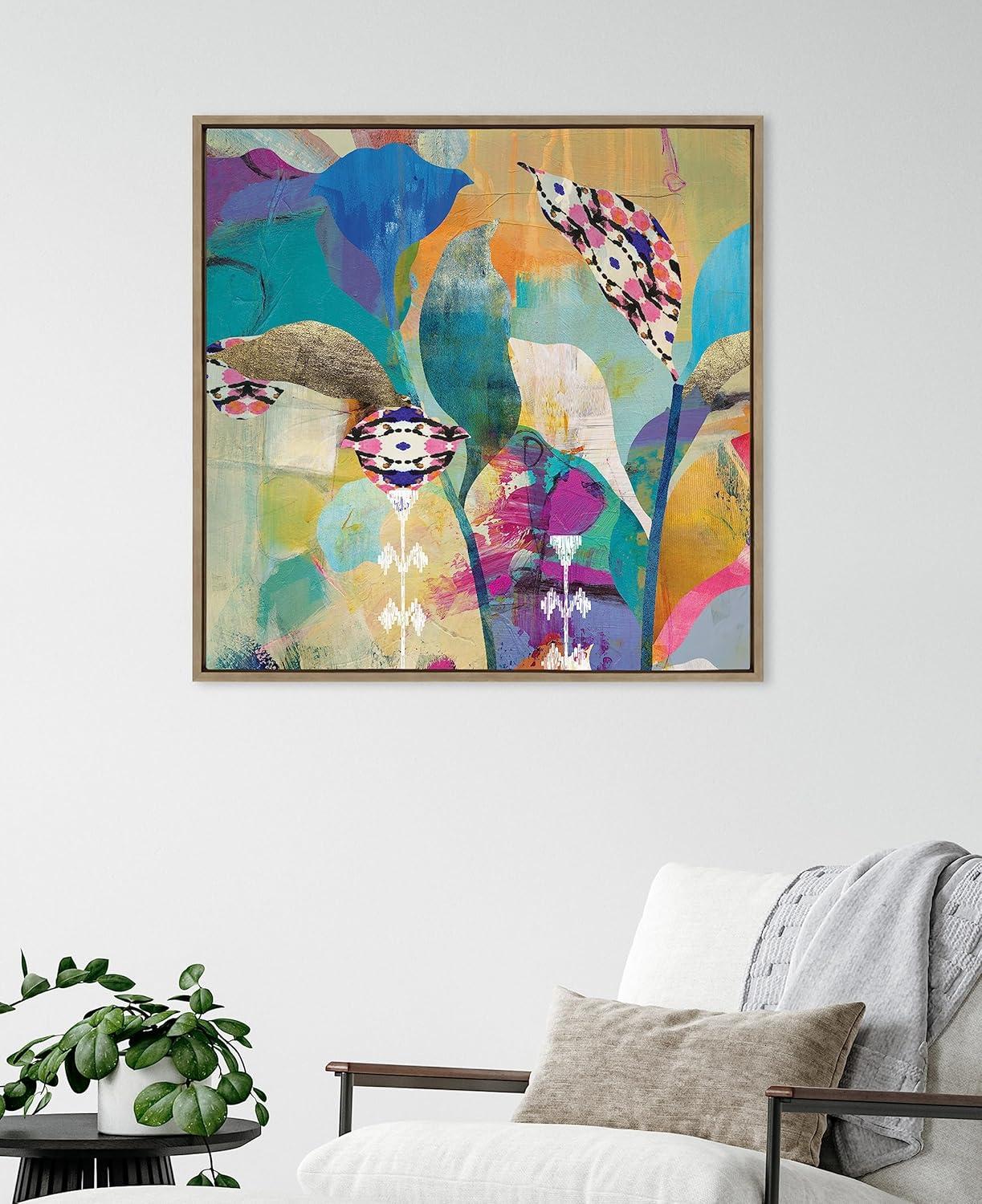 Colorful Abstract Floral Canvas Wall Art with Gold Frame, 30x30