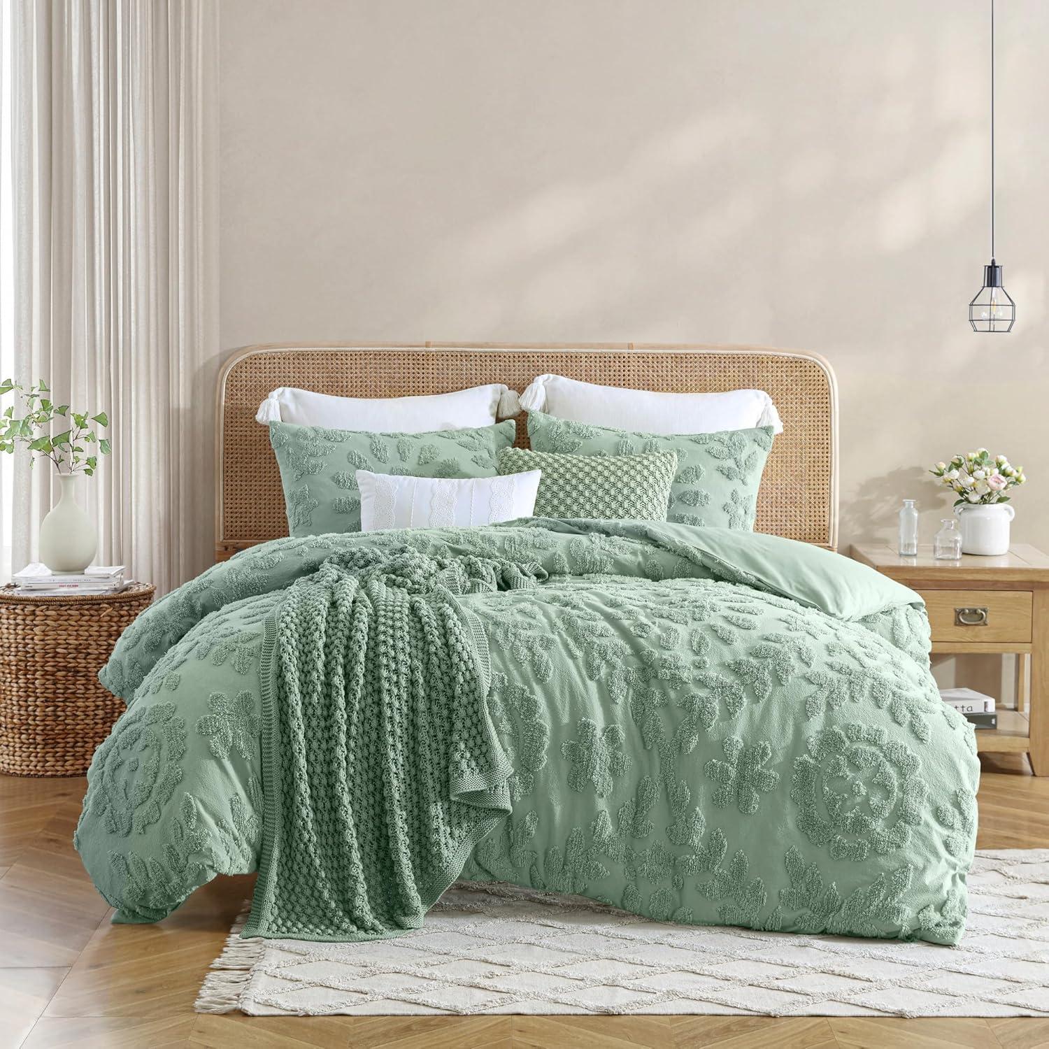 Sage Green Cotton Chenille Full/Queen Duvet Cover Set