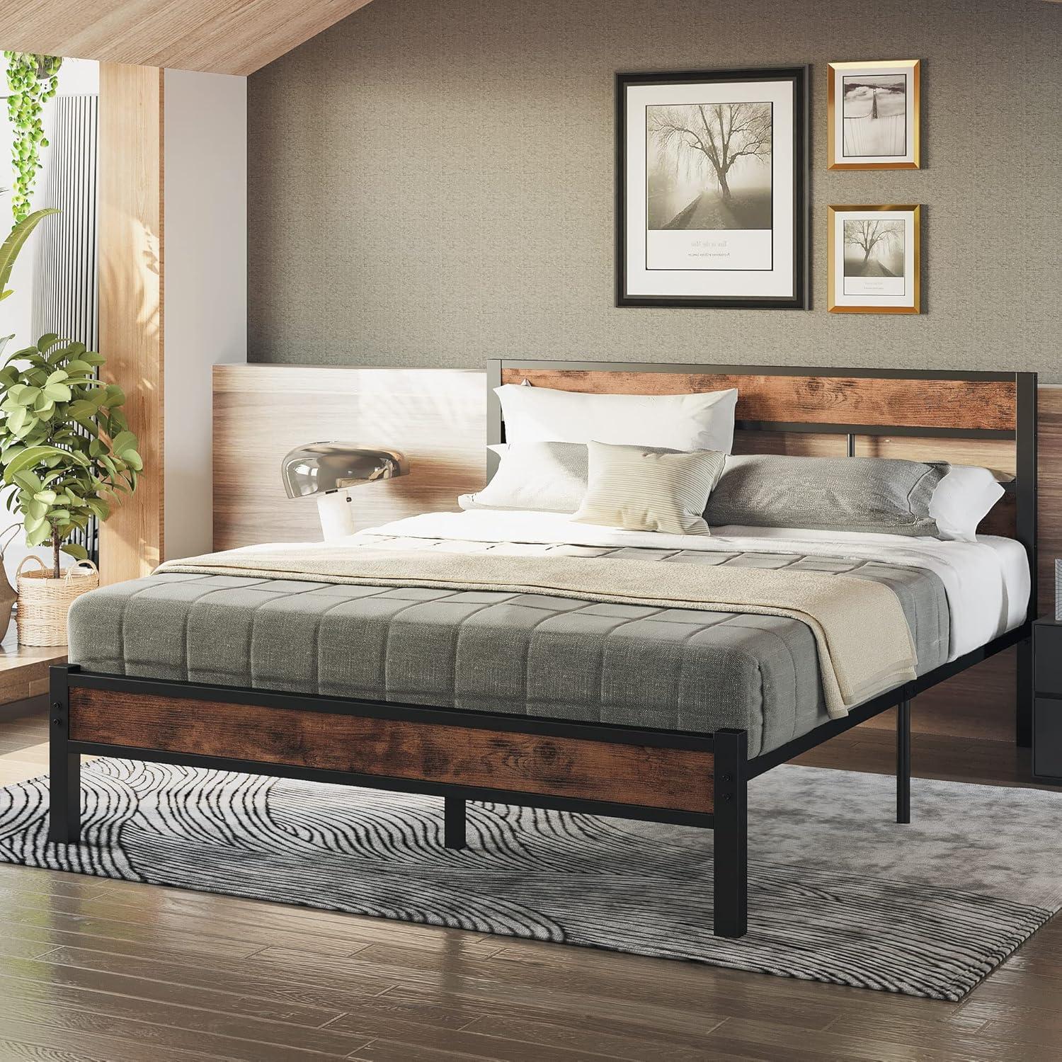 Platform Metal Bed Frame with Headboard Heavy Duty, Noise-Free, Queen