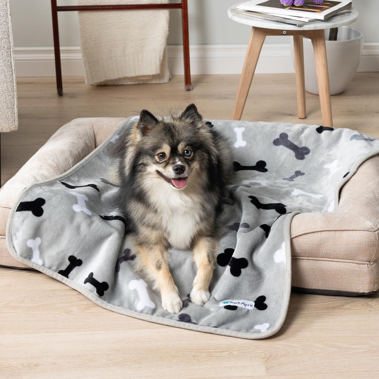 PetAmi Waterproof Dog Blanket For Pet Cat, Faux Shearling Fleece Couch Cover, Soft Plush Washable Reversible Throw (Bone Gray, Small (24x32))