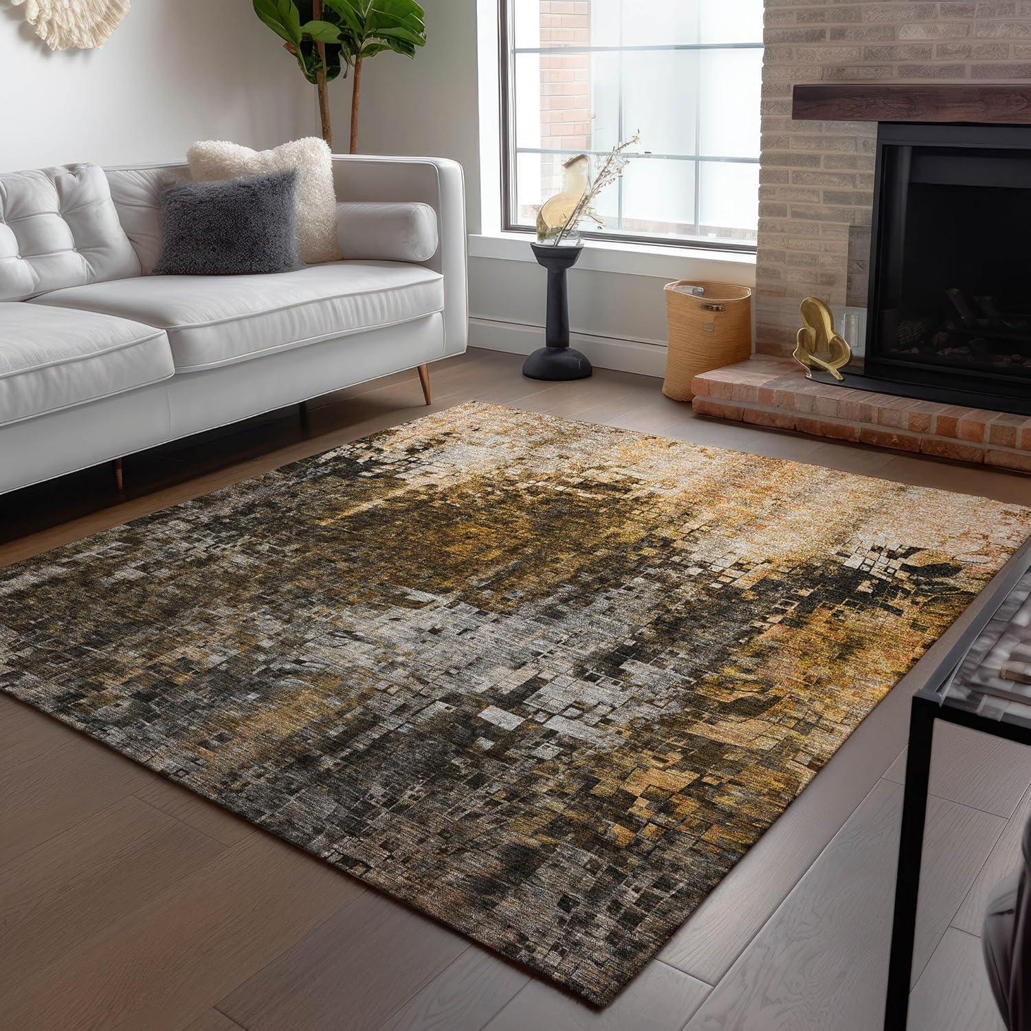 Brown and Gray Rectangular Synthetic Washable Area Rug