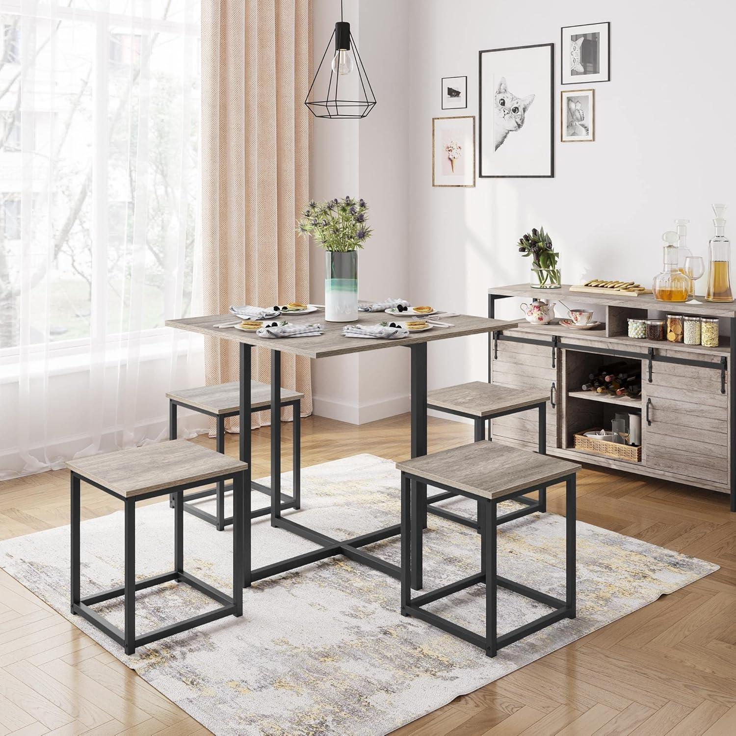 Gray 5-Piece Industrial Dining Set with Backless Stools