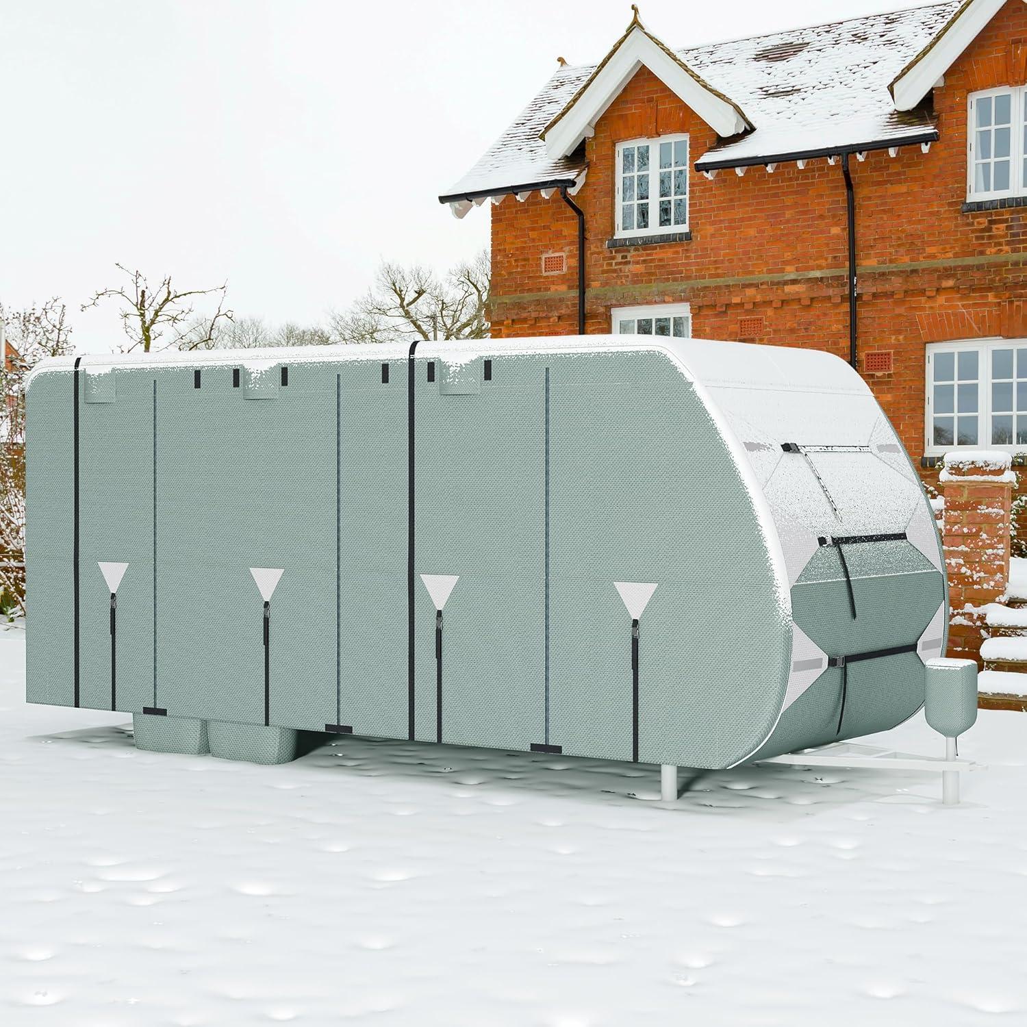 Travel Tailer RV Cover Camper Cover 27-30ft Super Thick Waterproof Windproof Anti-UV Rip-Stop Motorhome Covers with 2 Long Straps 4 Tire Covers Tongue Jack Cover