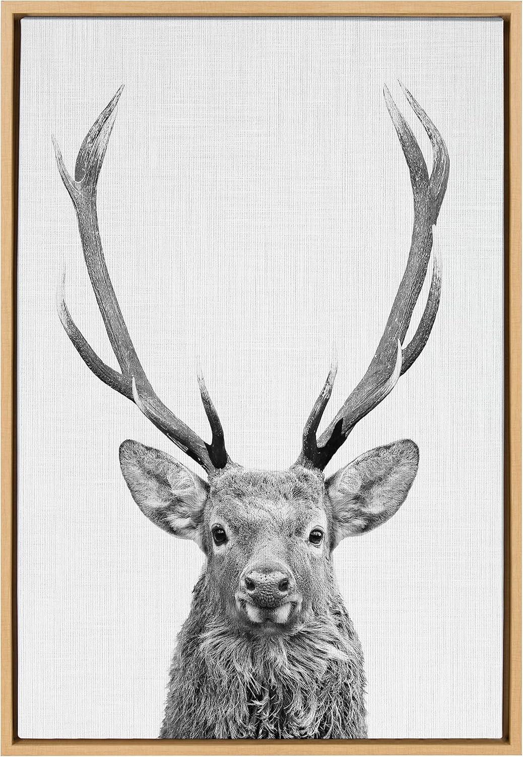 Black and White Deer Portrait Canvas Wall Art with Natural Frame