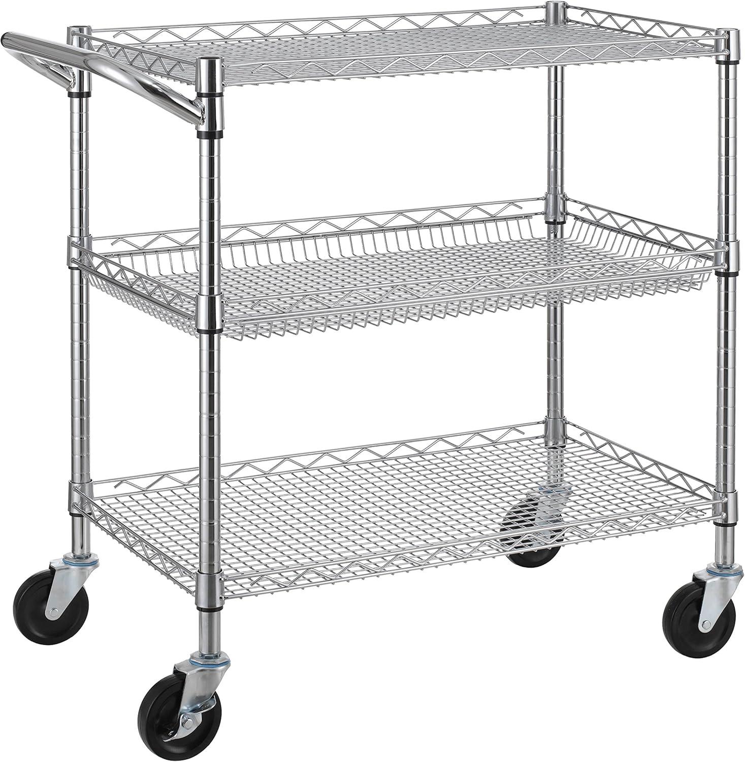 Heavy Duty 3 Tier Rolling Utility Cart Kitchen Cart on Wheels Metal Serving Cart Commercial Grade with Wire Shelving and Handle Bar for Kitchen Office Hardware