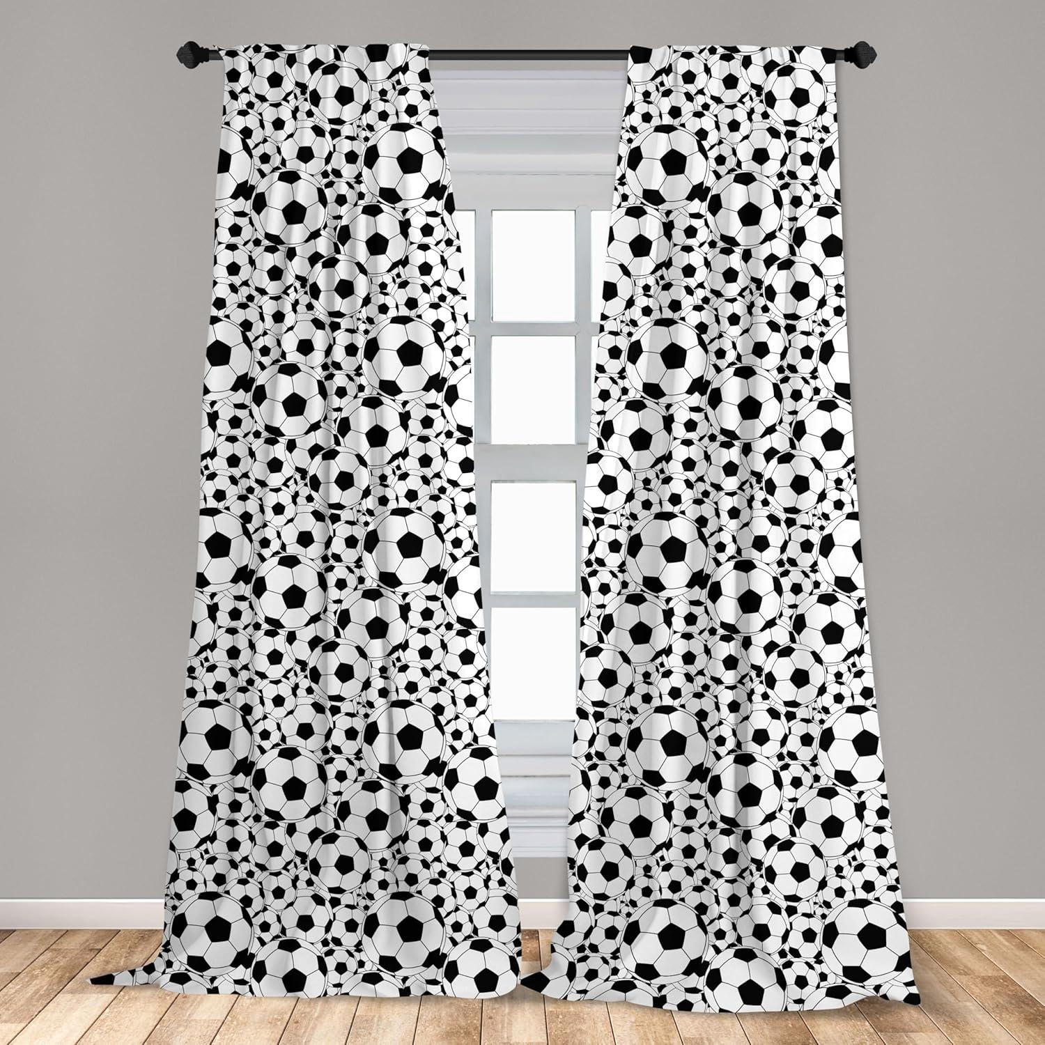 Ambesonne Soccer Curtains, Monochrome Balls Boys, Pair of 28"x63", Black White