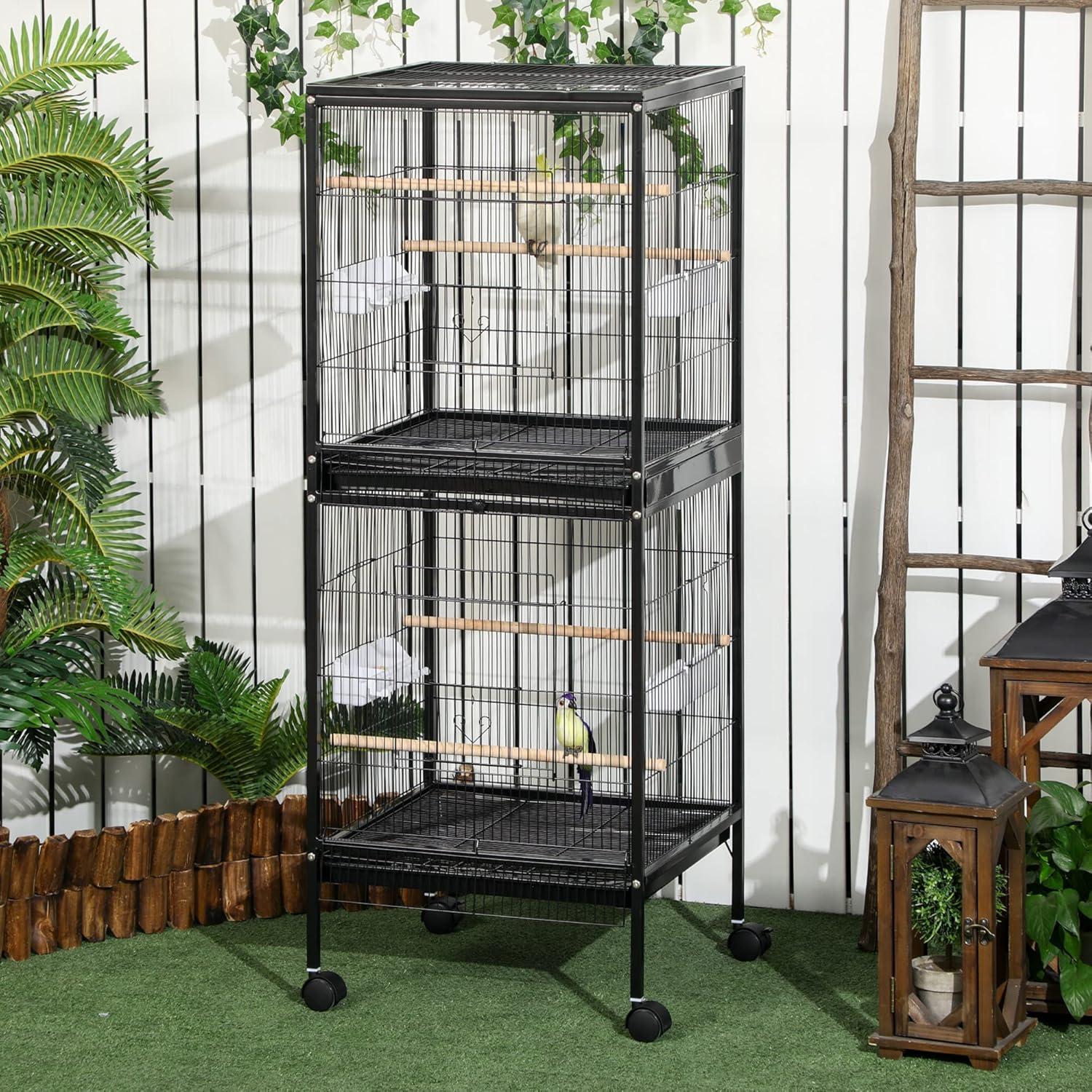 PawHut 55" 2 In 1 Bird Cage Aviary Parakeet House for finches, budgies with Wheels, Slide-out Trays, Wood Perch, Food Containers, Black