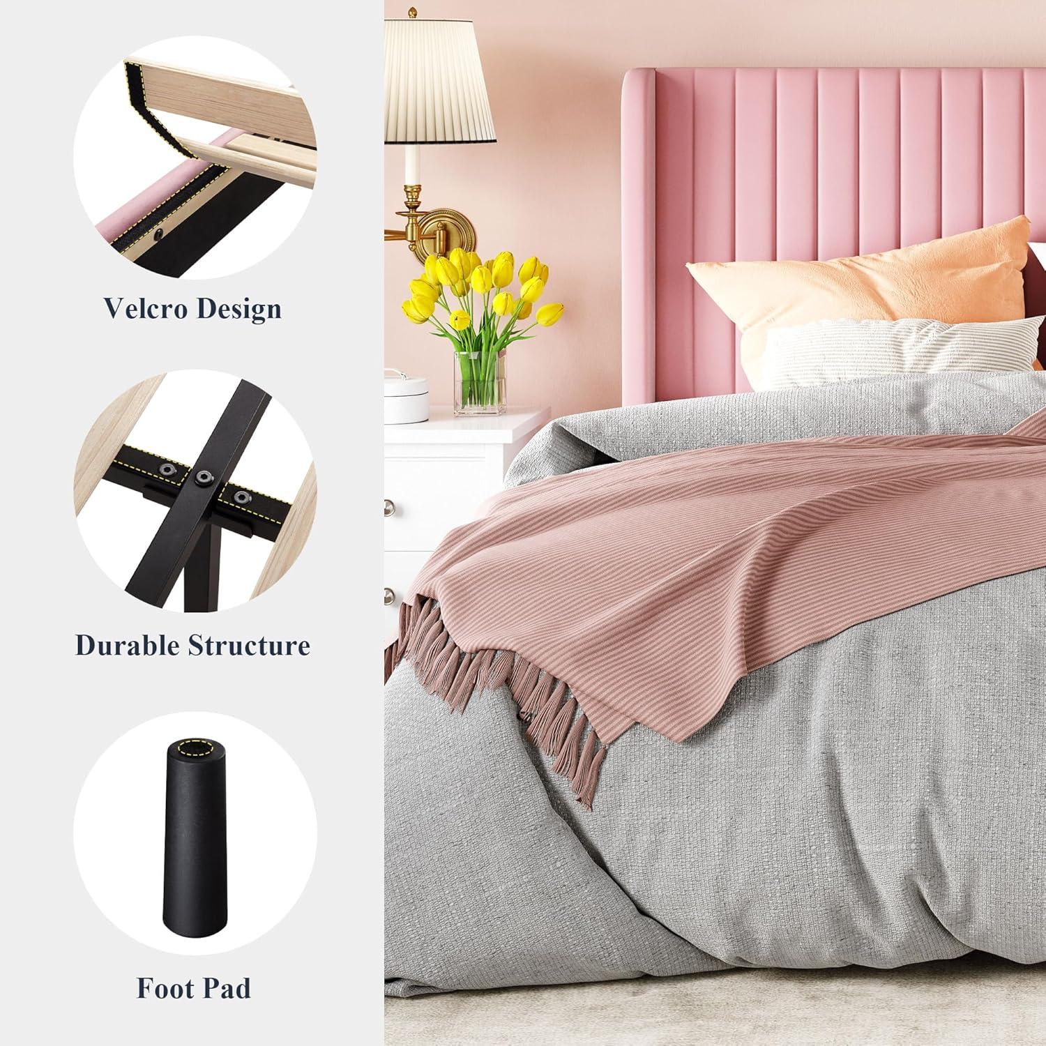 Candler Velvet Upholstered Platform Bed with Wingback Headboard and Wooden Slats