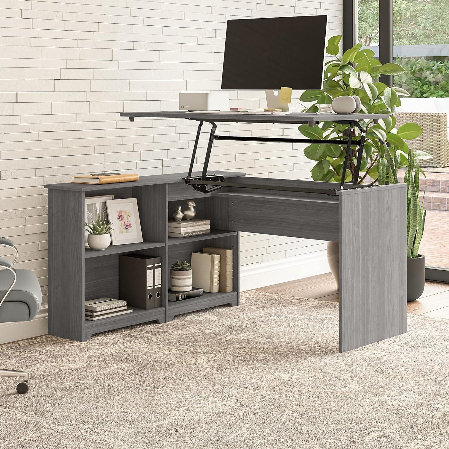 Modern Gray Adjustable Height Corner Desk with Shelves