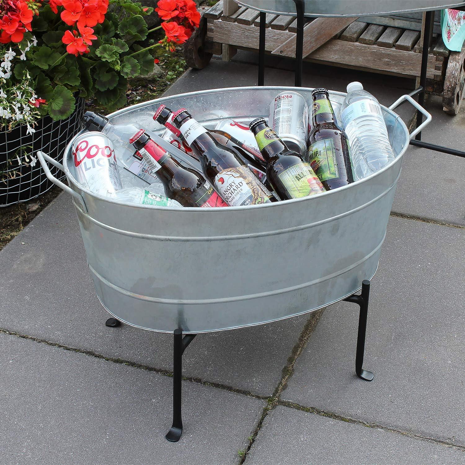 24" Classic Oval Galvanized Tub With Folding Stand Steel - ACHLA Designs: Wrought Iron Beverage & Plant Stand