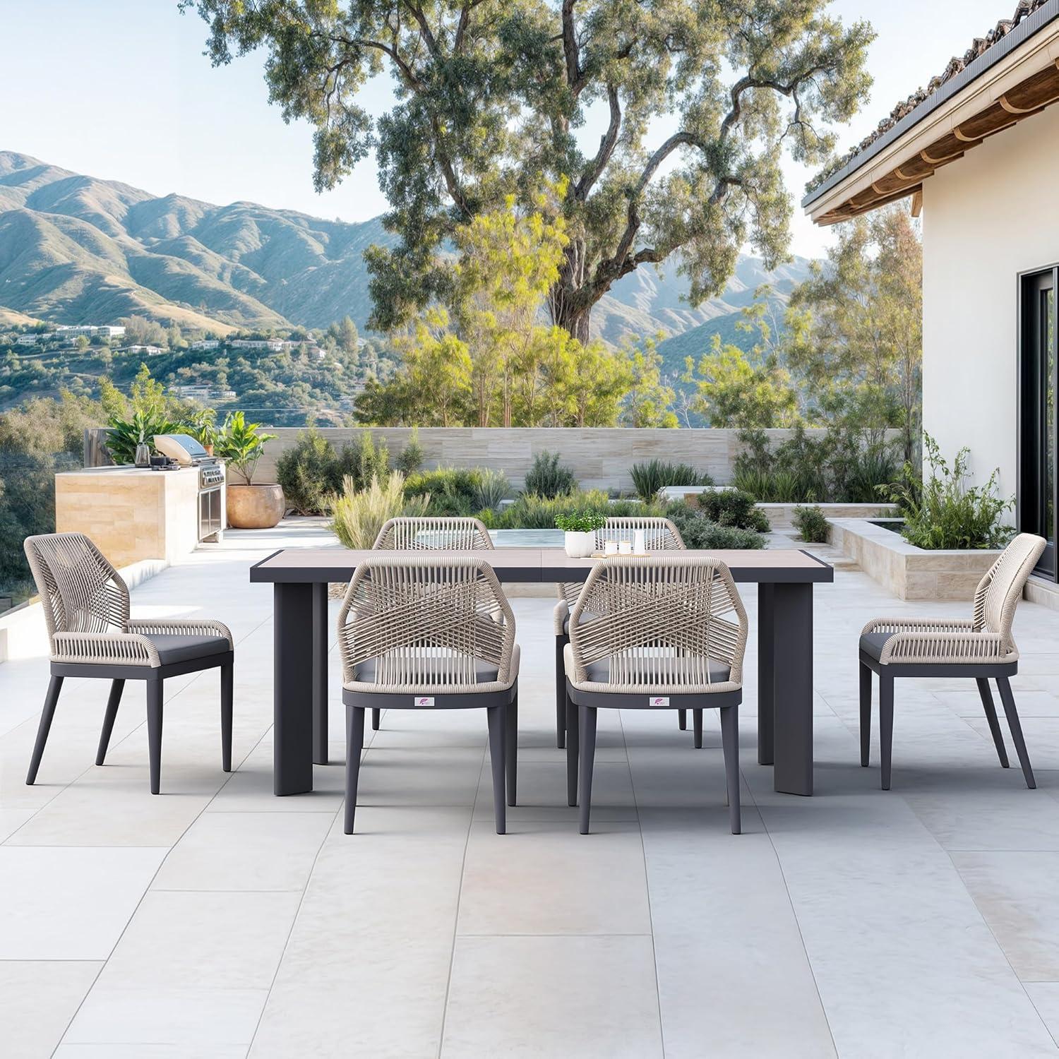 PURPLE LEAF 7 Pieces Patio Dining Set Aluminum Rectangular Table and Wicker Chairs with Cushions for Kitchen Porch Garden Modern Outdoor Furniture Sets, Beige and Dark Grey