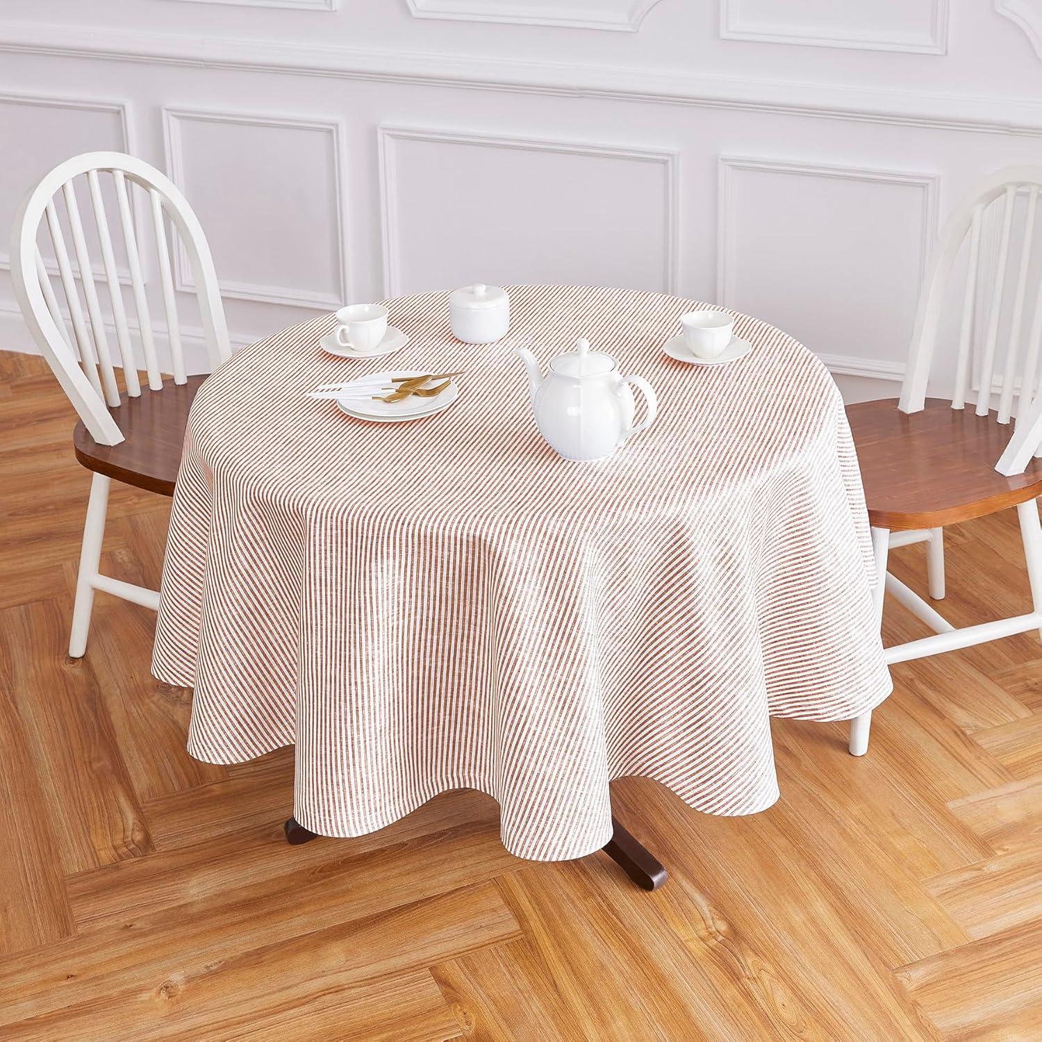 Cinnamon and White Striped Linen Round Tablecloth 60 Inch