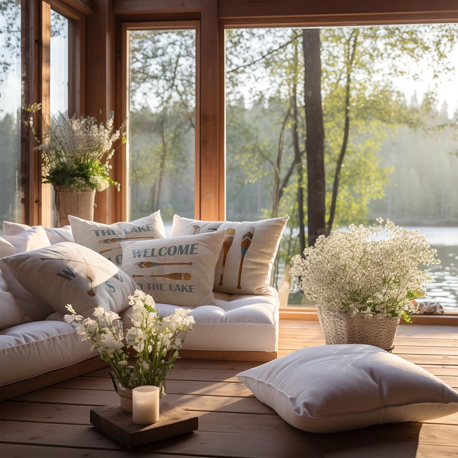 The Lake House Lake Throw Pillow Case, 18 x 18 Inch Set of 4, Lake Paddle Decor, Lake House Rules Decor, Lake House Decor, Lake House Room Decor Pillows Cover for Sofa Couch Bed (Blue)