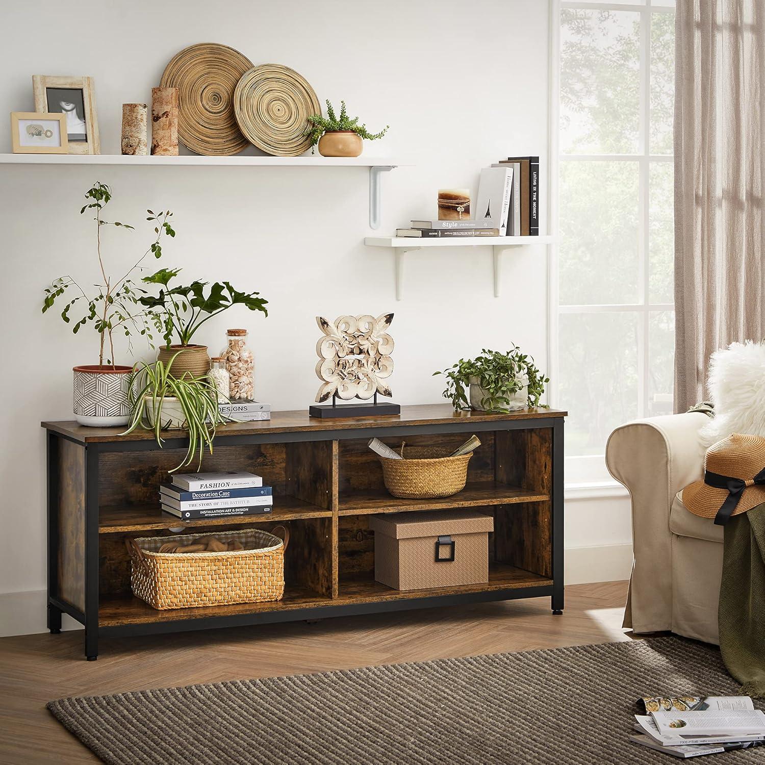 Rustic Brown and Black Industrial TV Stand with Adjustable Shelves