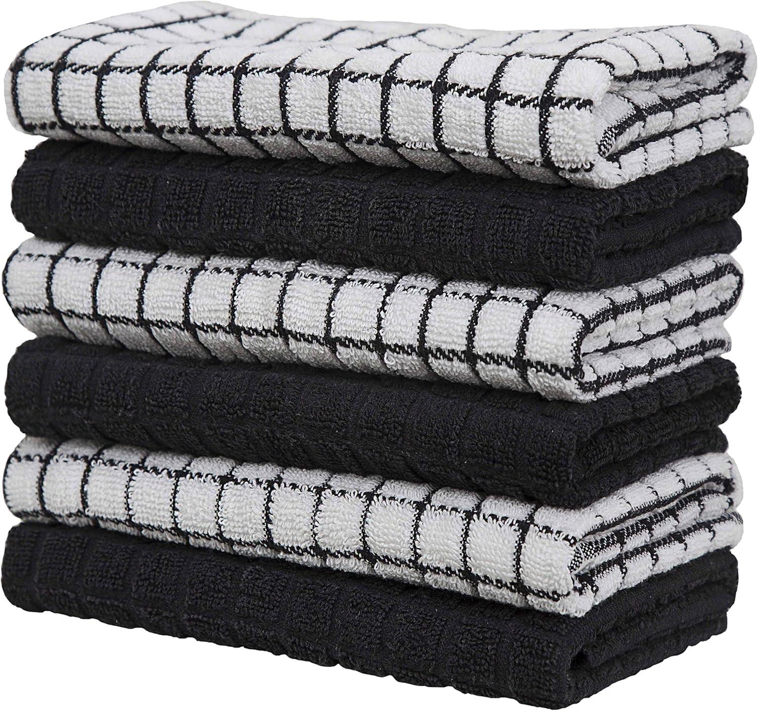 Premium Kitchen Towels (16”x 28”, 6 Pack) – Large Cotton Kitchen Hand Towels – Chef Weave Design – 380 GSM Highly Absorbent Tea Towels Set With Hanging Loop – Black