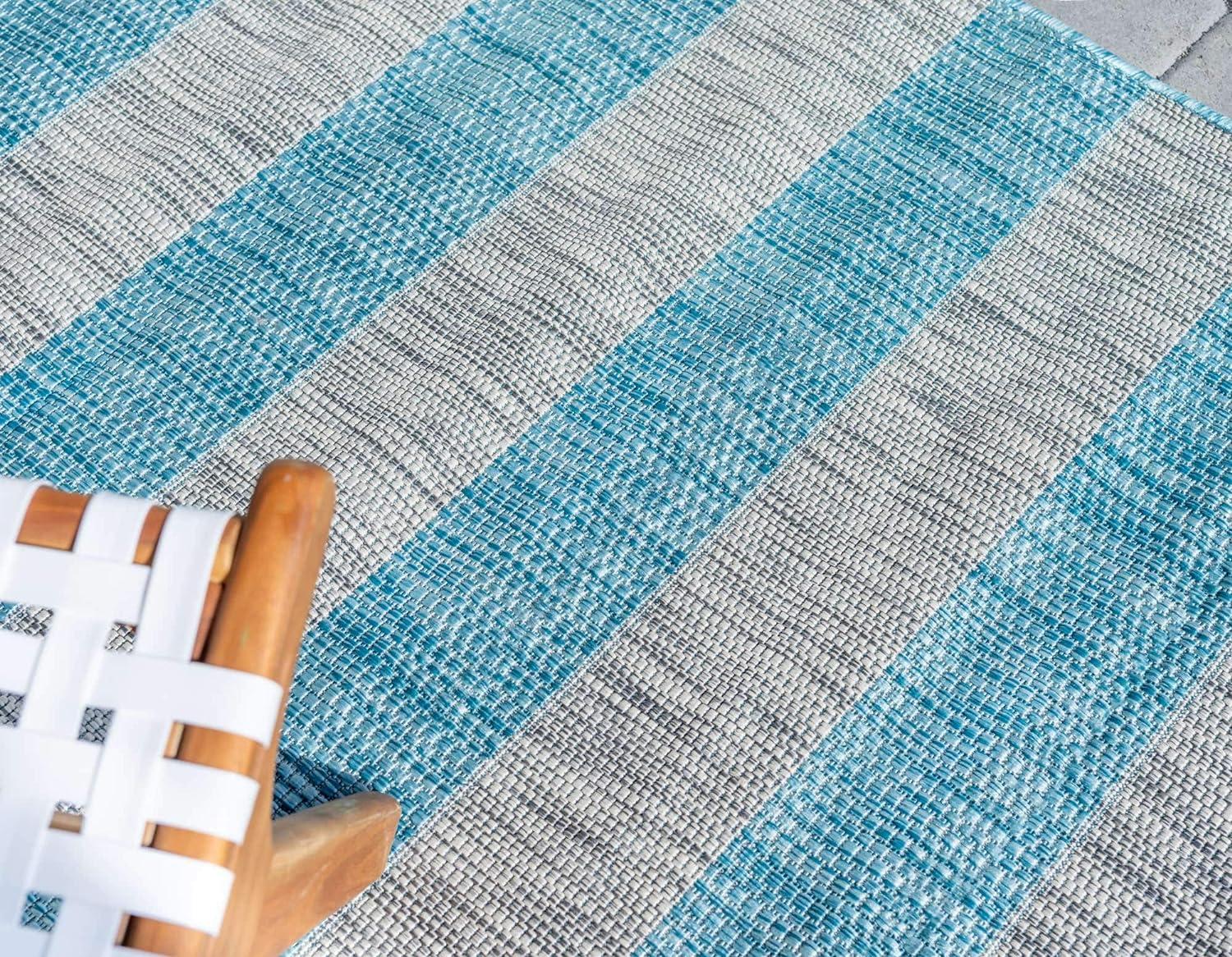 Aqua Blue and Ivory Stripe 6' x 9' Easy-Care Outdoor Rug