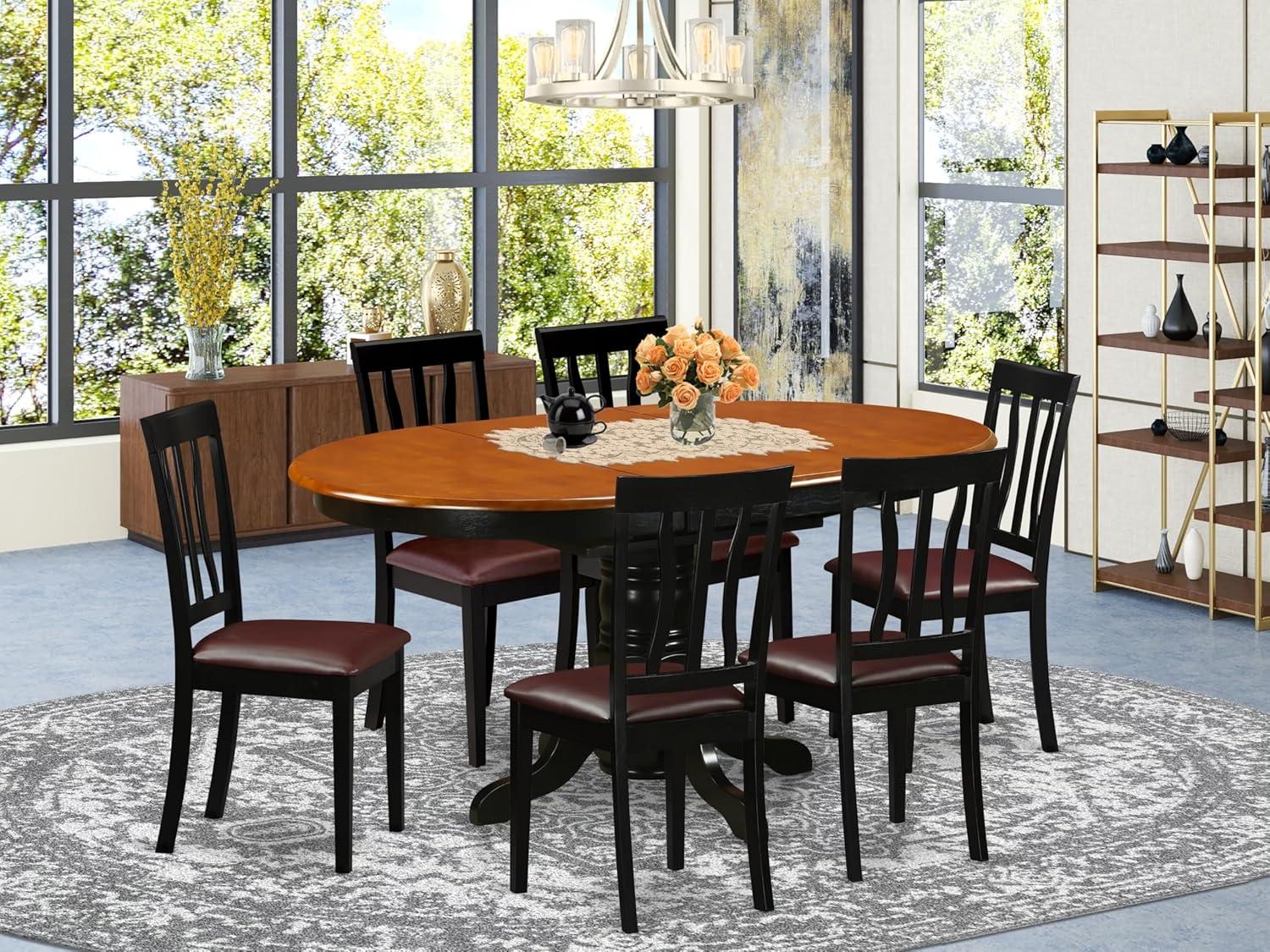 East West Furniture Avon 7-piece Wood Dining Set w/ Leather Seat in Black/Cherry