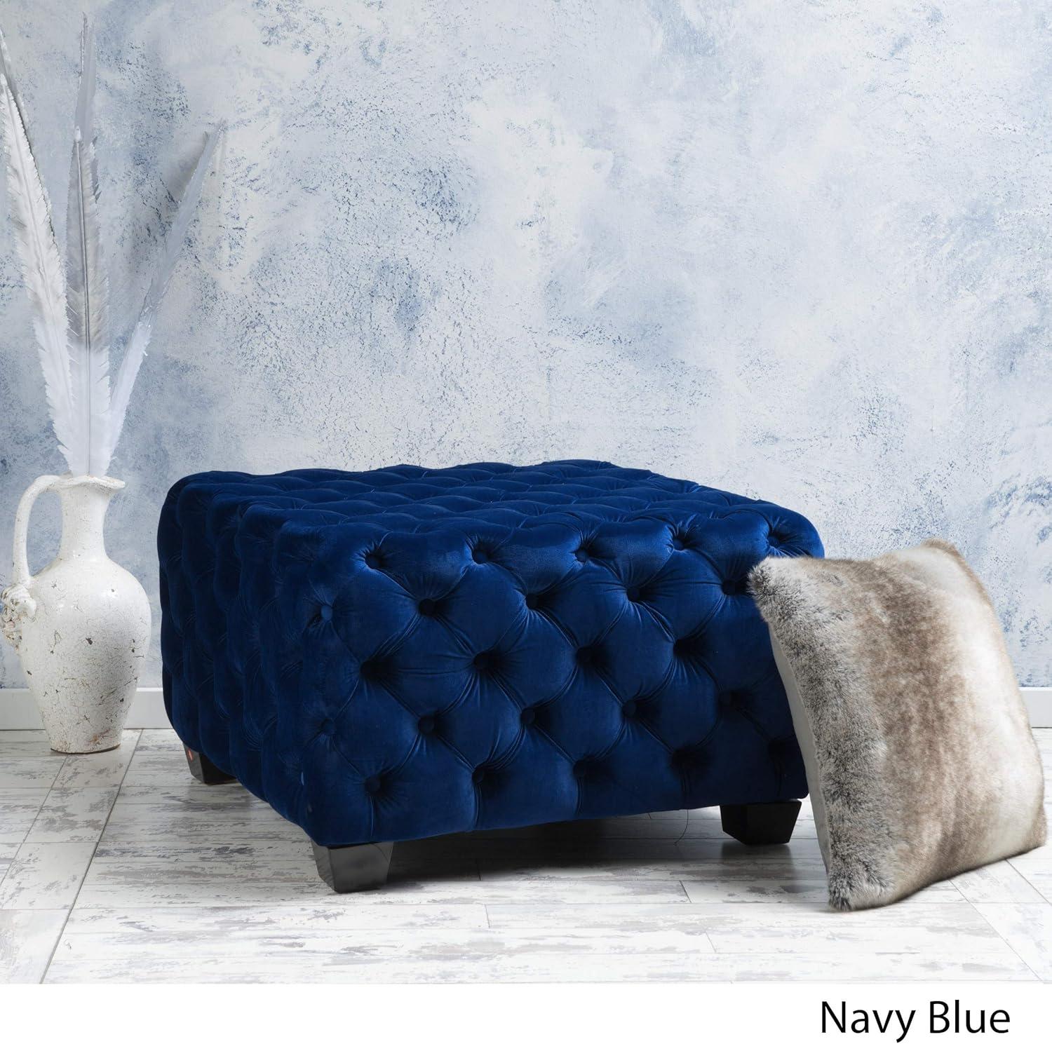 Thaurin Modern Glam Button Tufted Velvet Ottoman, Navy Blue and Dark Brown