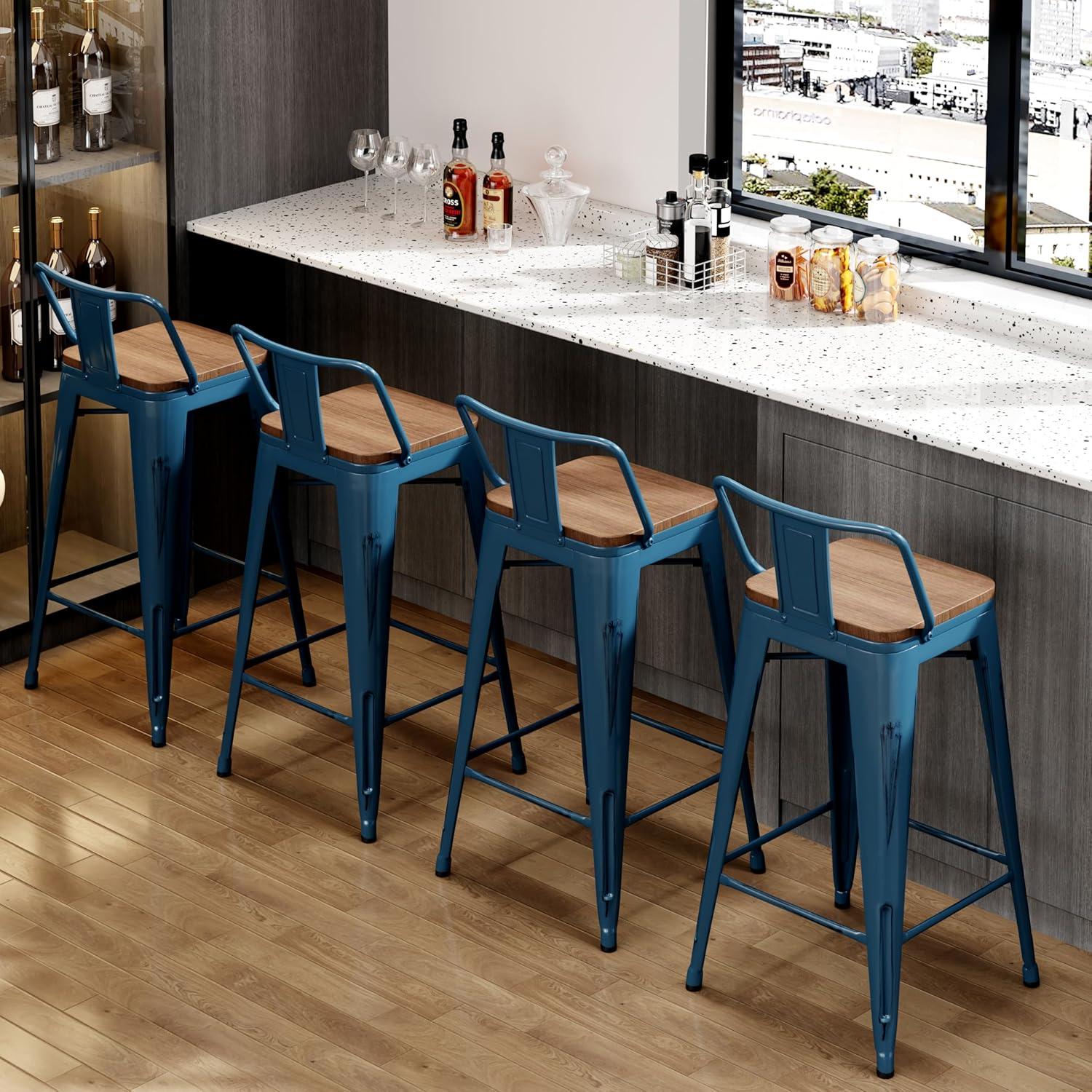 Distressed Navy Industrial Metal Bar Stools with Wood Seats