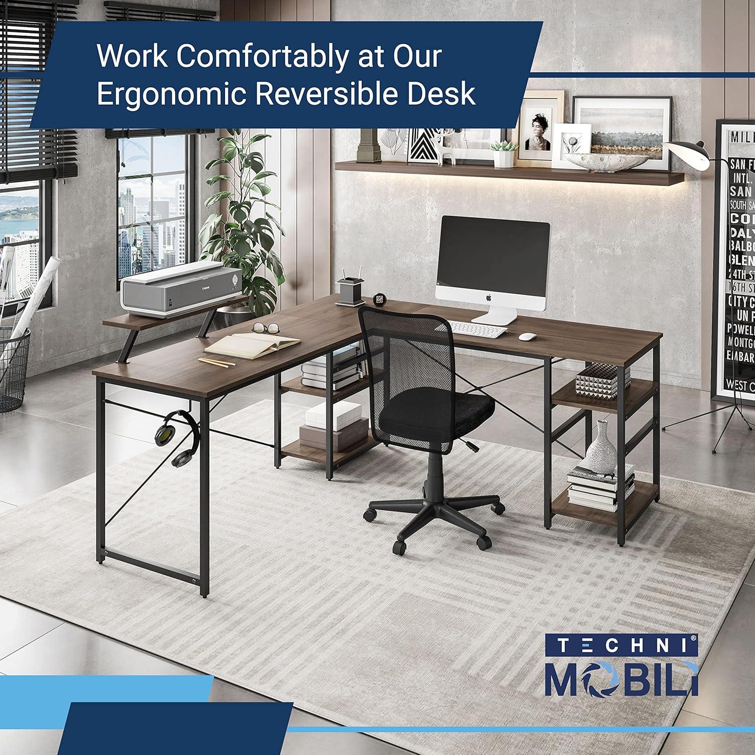 Inbox Zero Techni Mobili L-Shape Industrial Desk With Storage Shelves | Wayfair