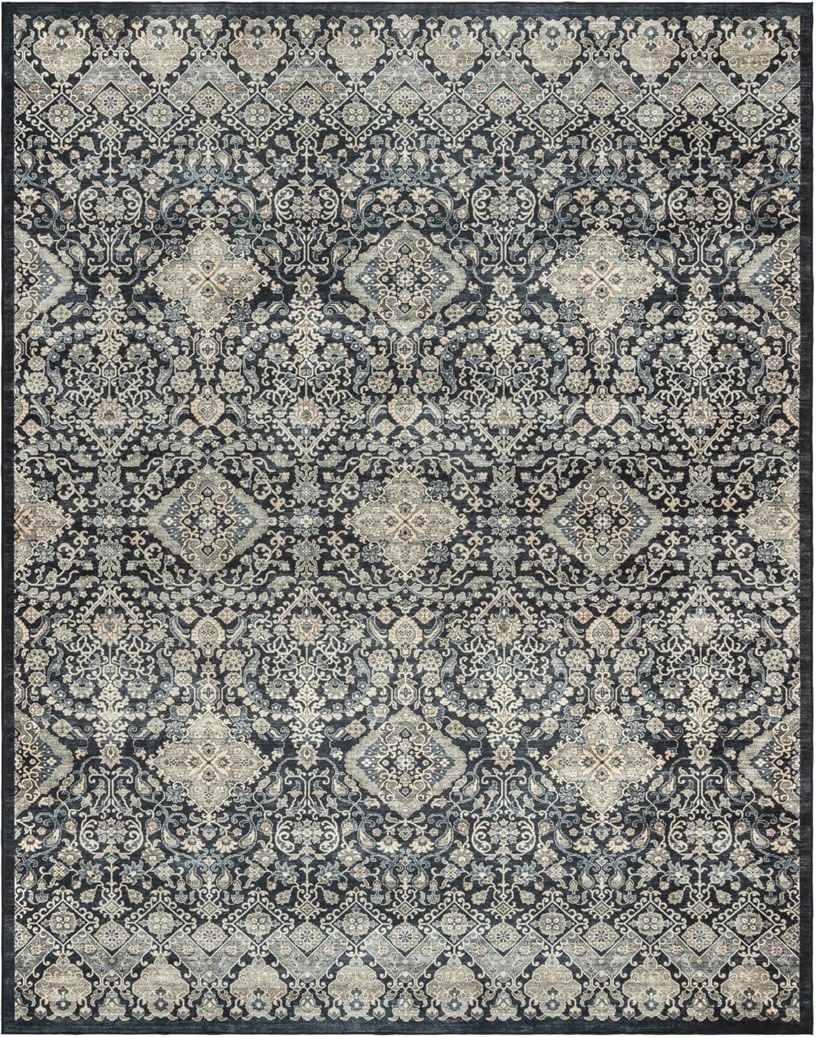 Gertmenian Crystal Print Tanis Anthracite Black Cream Moroccan Bohemian Polyester Washable Flat Pile Indoor Area Rug