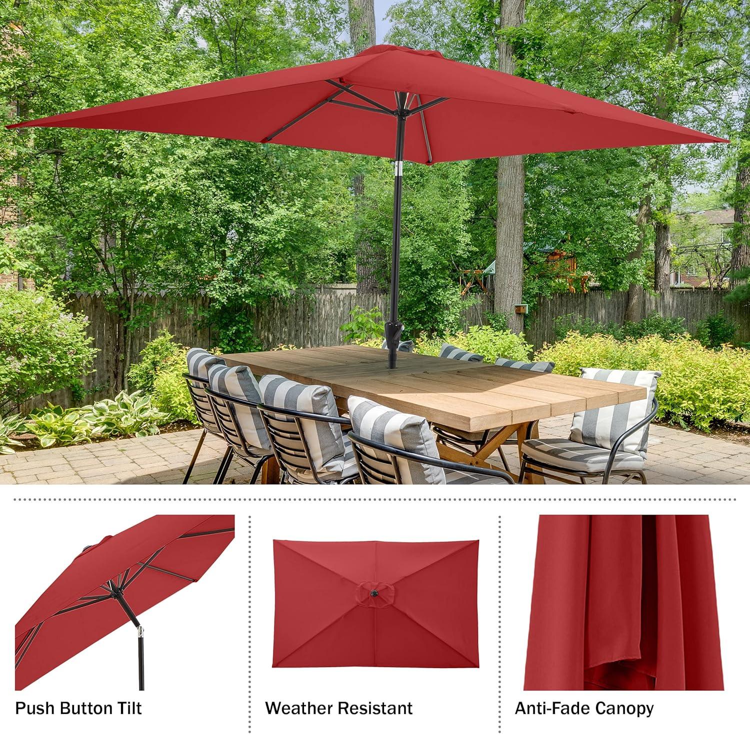 Rectangular Patio Umbrella - 10 Ft Easy Crank Sun Shade with Push Button Tilt for Outdoor Furniture, Deck, Backyard, or Pool by Pure Garden (Red)