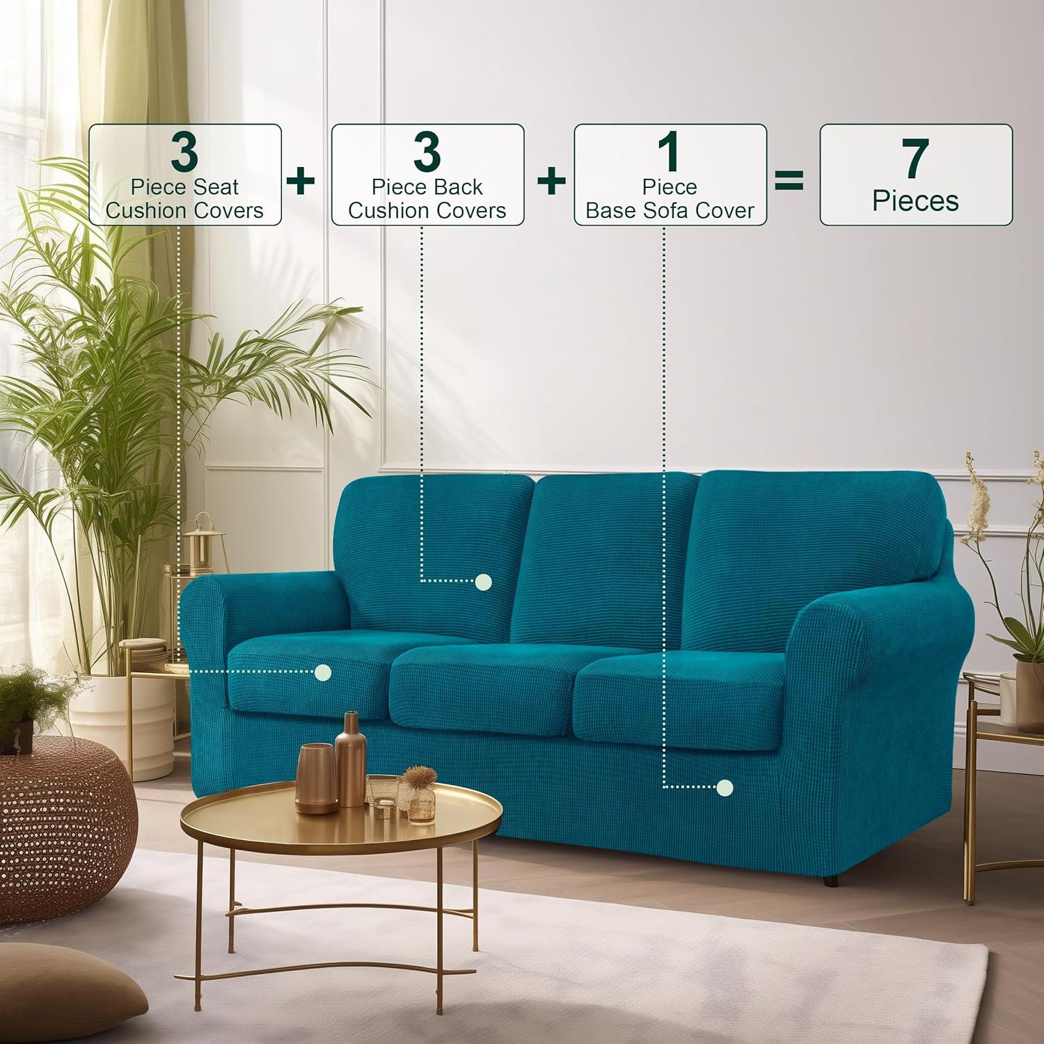 Teal Stretch Jacquard Fabric 3-Seater Sofa Cover