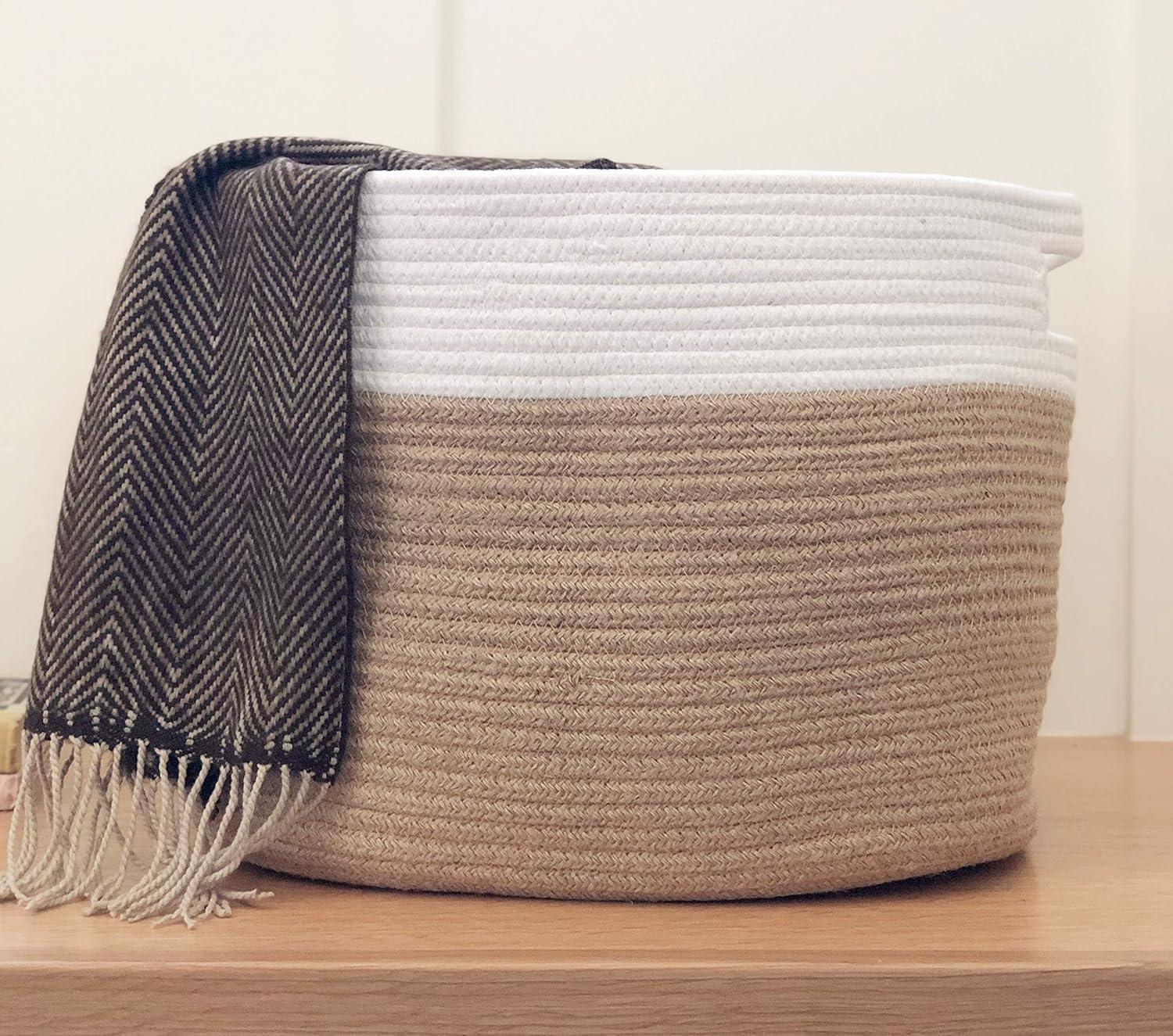 Chloe and Cotton Jute Baskets with Handles for Organizing Storage - Beige/White - Set of 2