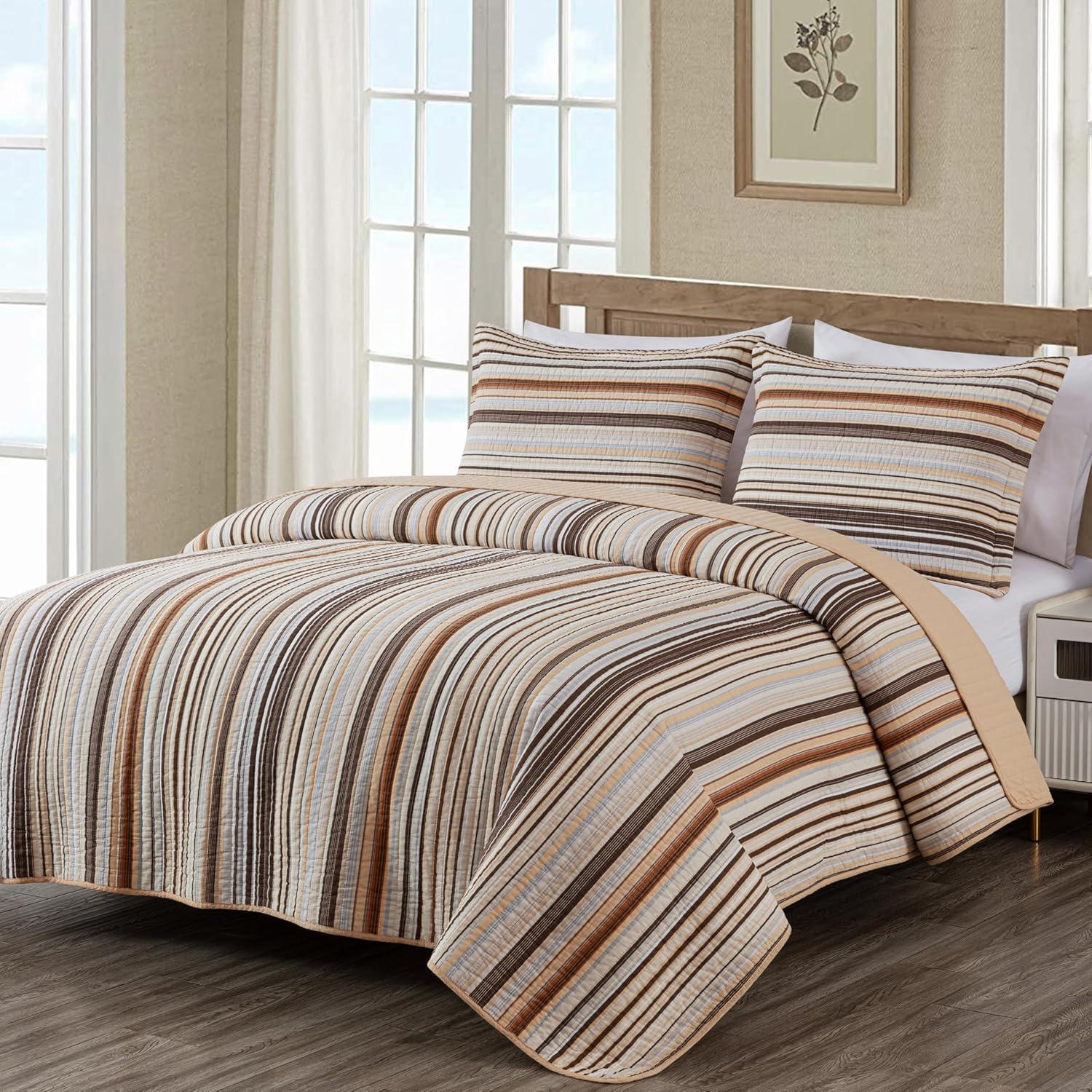 Chezmoi Collection Cotton Quilted Striped Quilt Set