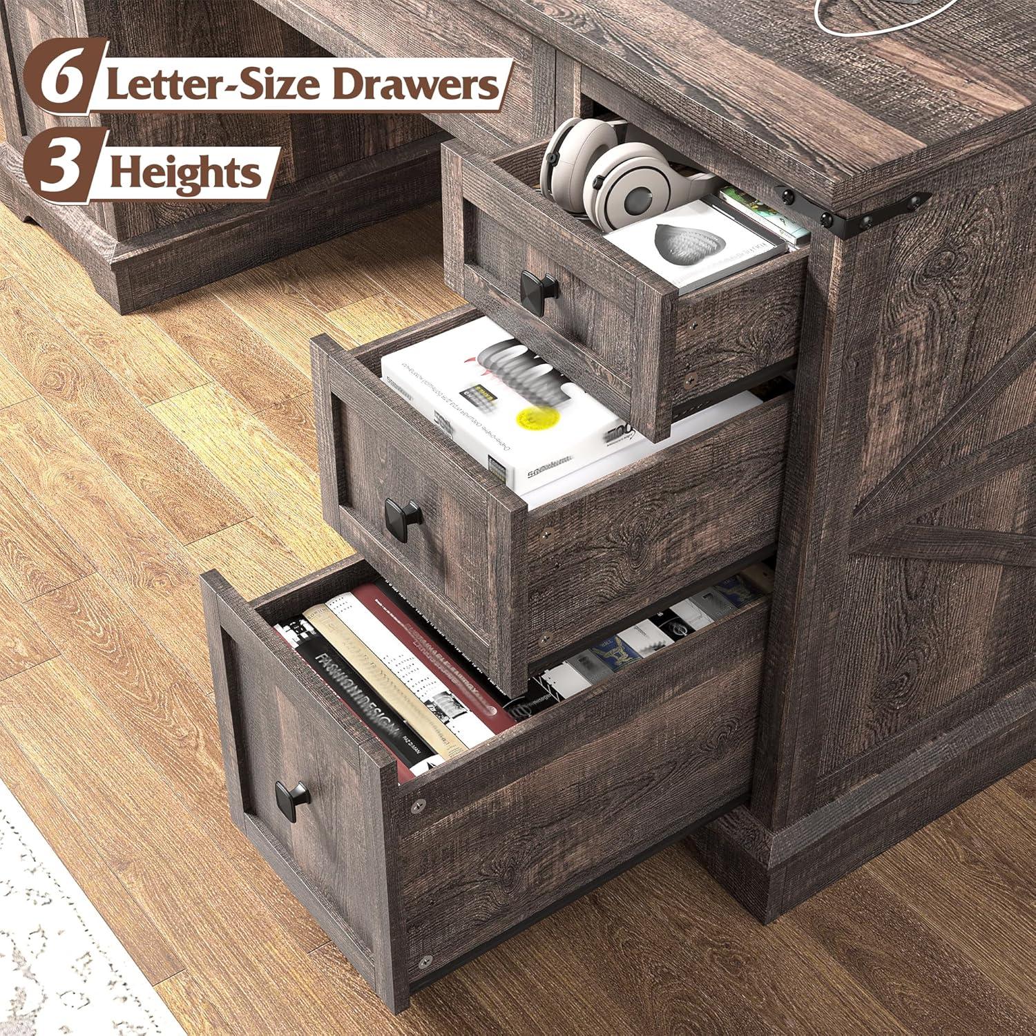 August Grove® 55'' W Computer Desk With Outlet, Farmhouse Executive Desk With 7 Drawers For Office Home