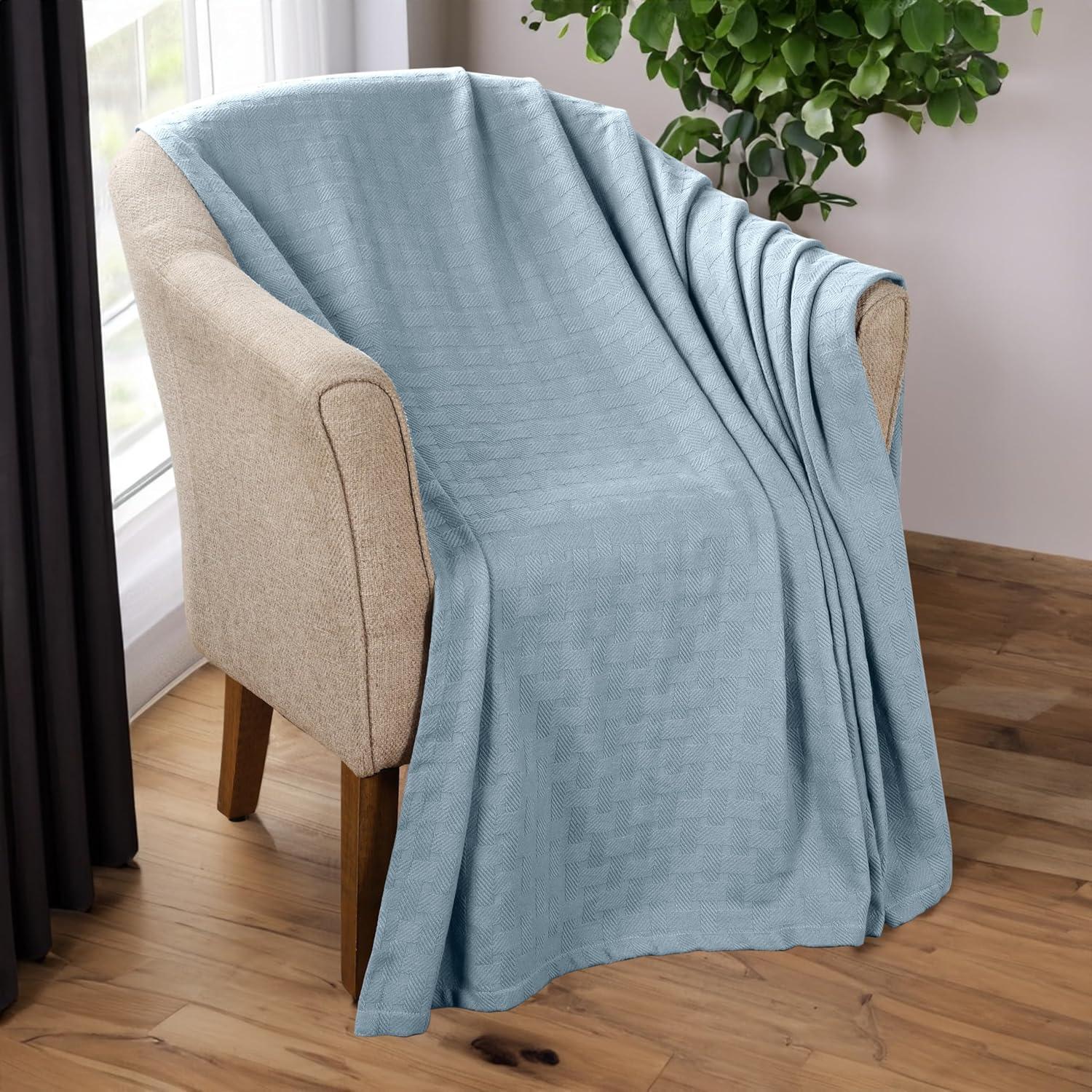 Superior Basketweave Cotton Blanket, Full/Queen, Light Blue
