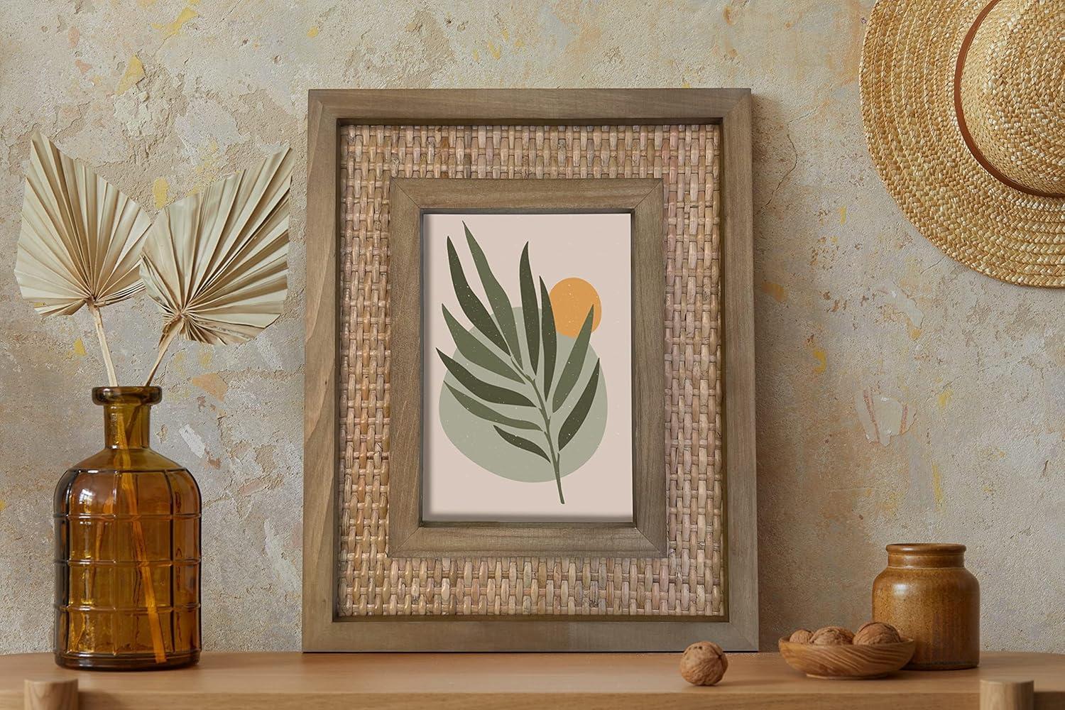 Rattan and Wood Picture Frame for 5x7 Inch Photos | Coastal or Boho Picture Frame | Tabletop Stand and Wall Mount | Single Display or Gallery Wall